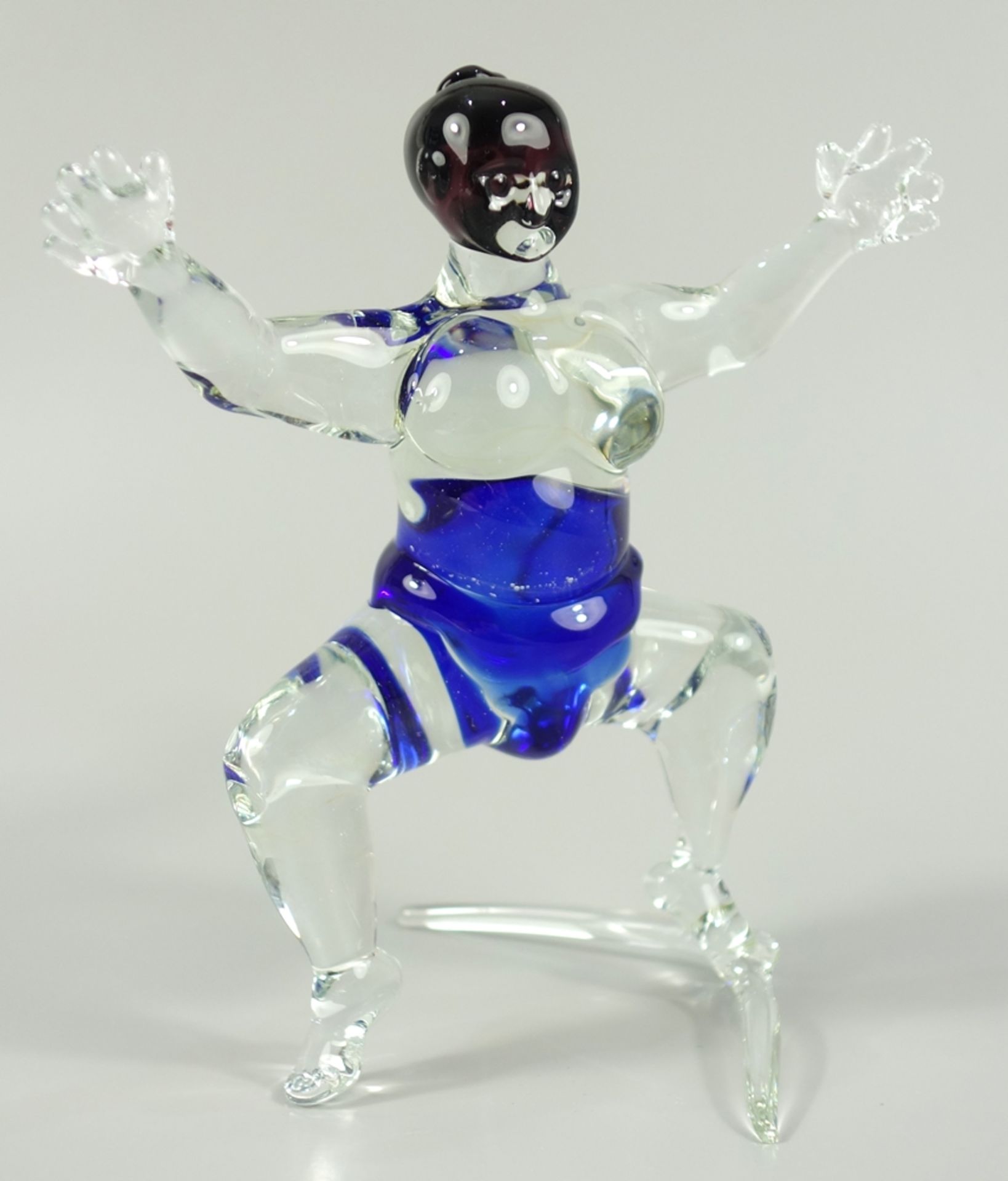 Sumo-Ringer, Glas-Figur, wohl Lauscha, H.13,5cm, B.13cm, Klarglas, twl.farbig unterfangenSumo