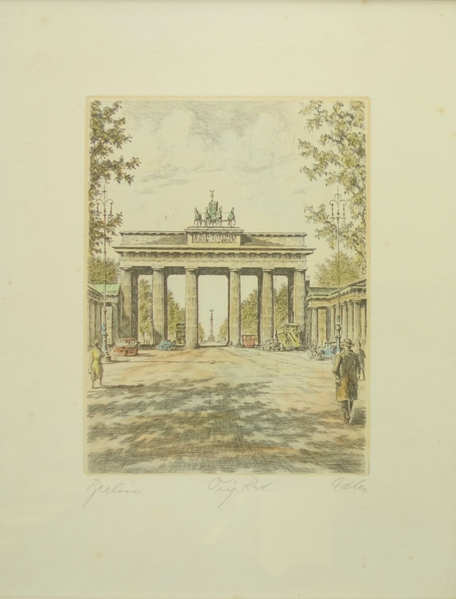 Richard Adler (1907, Berlin-1977, Düsseldorf), "Brandenburger Tor", kolorierte Radierung, unten