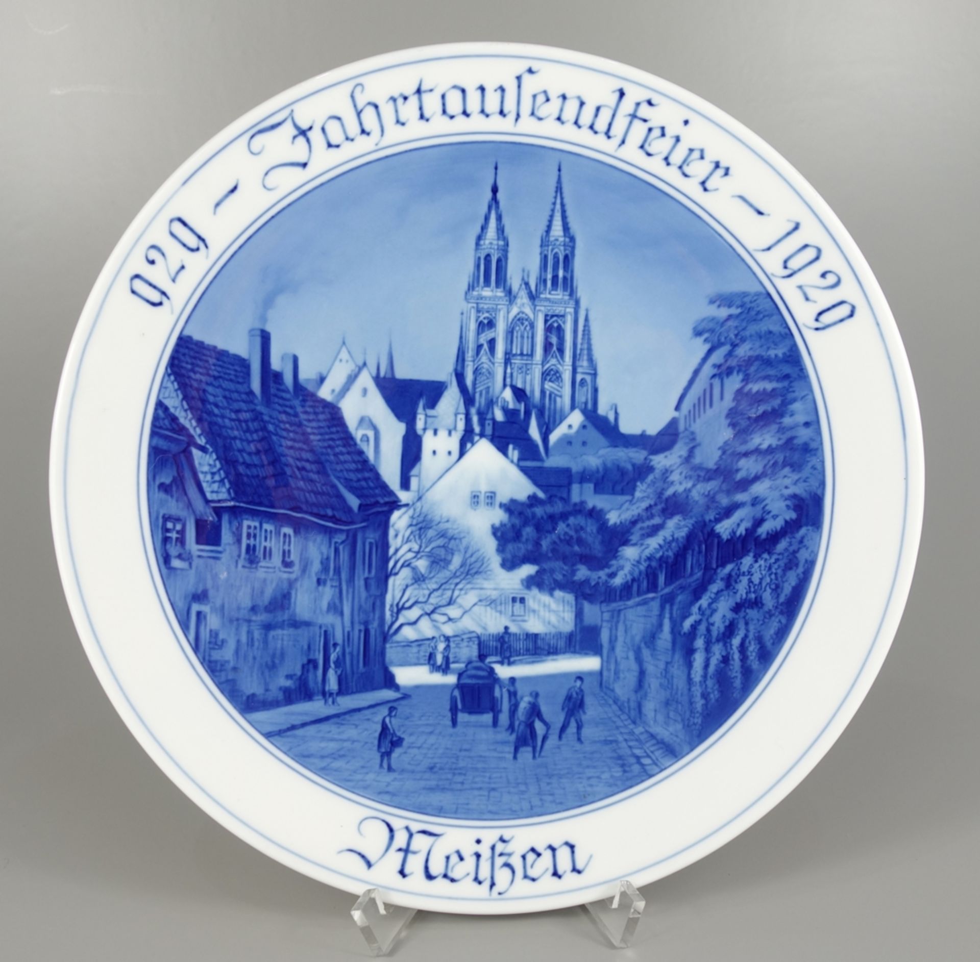 Wandteller "929 Jahrtausendfeier 1929 Meißen", Meissen, 1.Wahl, Pfeifferzeit, D.25cm, Blaumalerei,