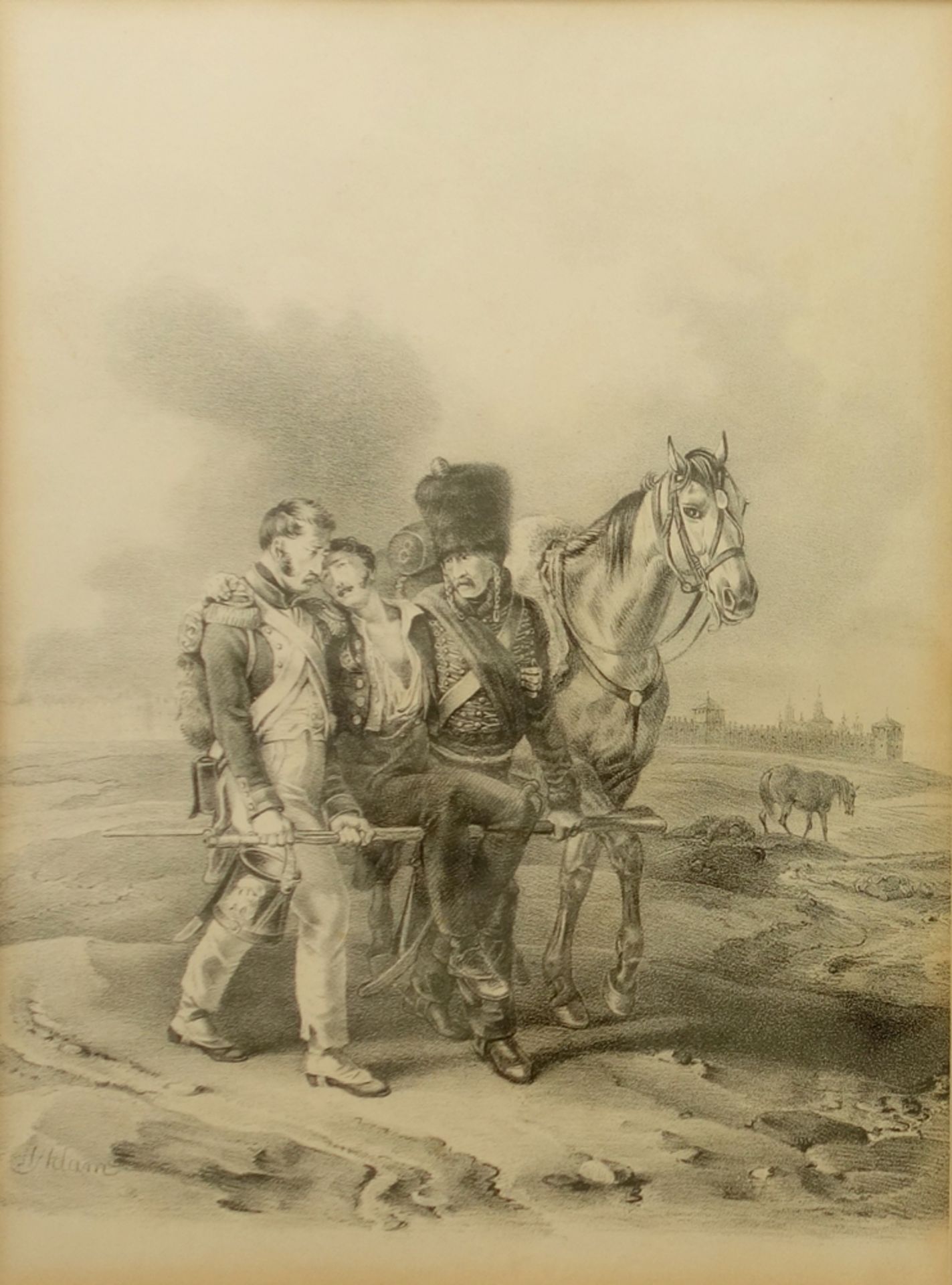 H. Adam, Verwundete Soldaten, 19. Jahrhundert, Lithografie, unten links im Stein signiert, Blatt