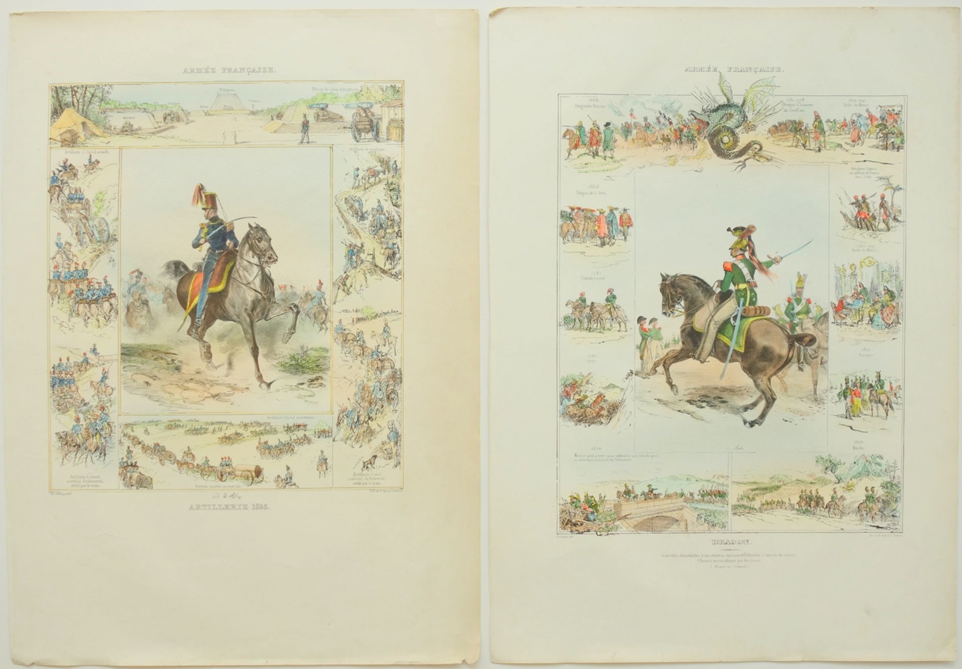 4 kolorierte Lithografien, "Uniformdarstellungen der Französischen Armee", 1835, A. Degouy nach