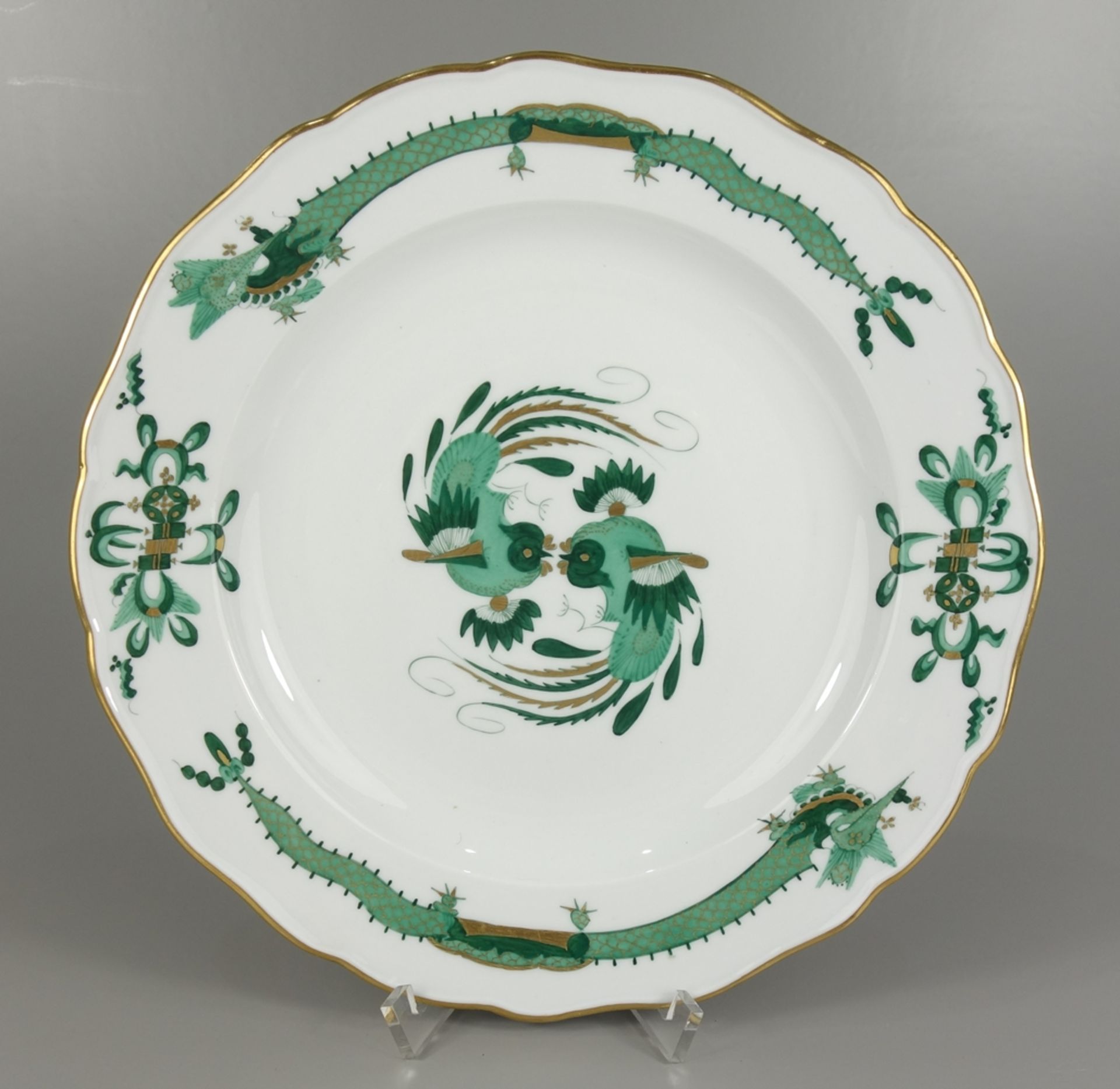 Jubiläumsteller "1710-1910", Reicher Hofdrache, grün, goldgeschuppt, D.25cm, Meissen, 1.Wahl, Form