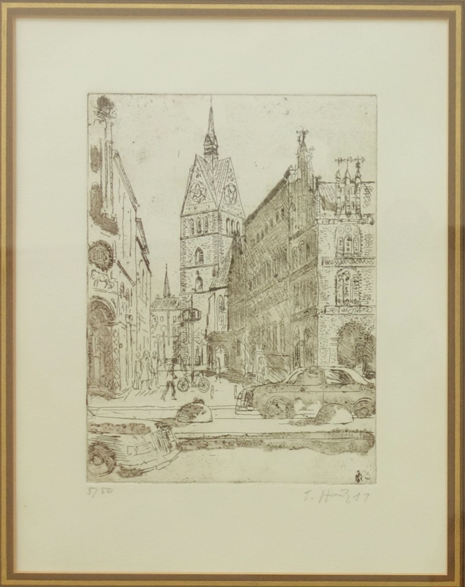 Theo Strutz (1931, Hannover), "Hannover: Marktkirche und Köbelingerstraße", 1981, Radierung, unten