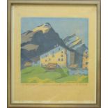 Elfriede Jungk (1889-1954, Berlin), "Bauernhaus in Graubünden", um 1930, Farbholzschnitt, unten