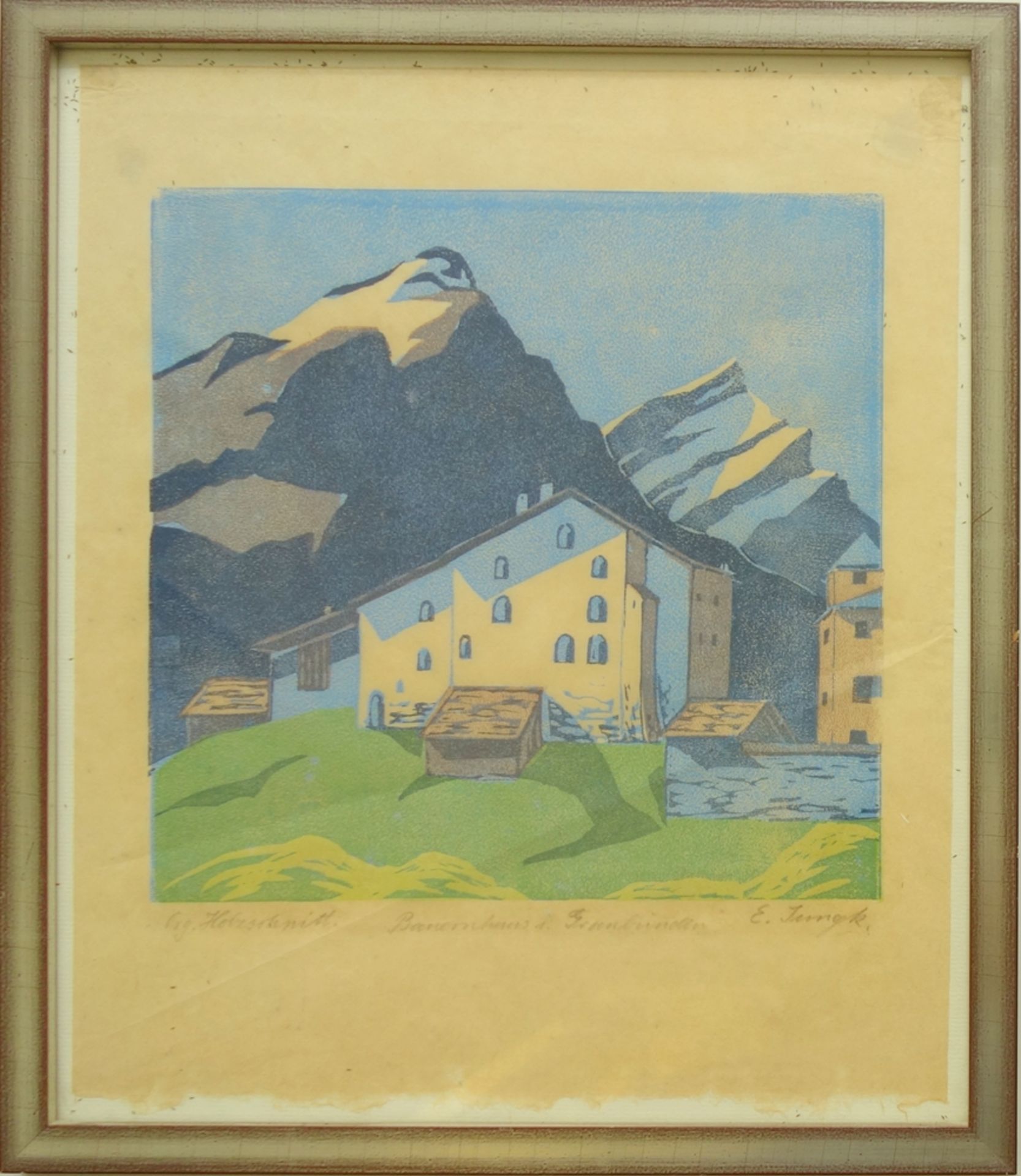 Elfriede Jungk (1889-1954, Berlin), "Bauernhaus in Graubünden", um 1930, Farbholzschnitt, unten