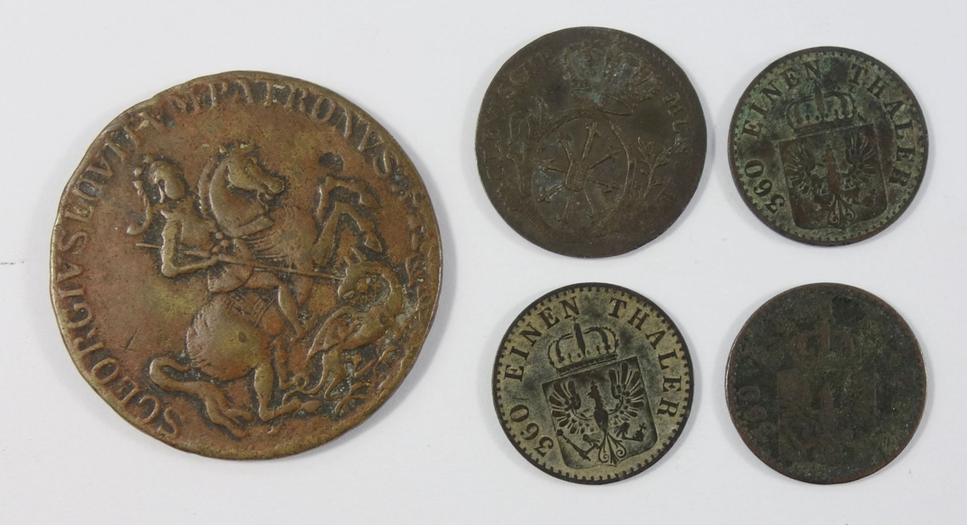 4 div. Kleinmünzen und AE-Medaille, Kremnitz: 2 Stüber 1756 C, Friedrich II., Preussen; 3* 1 Pfennig
