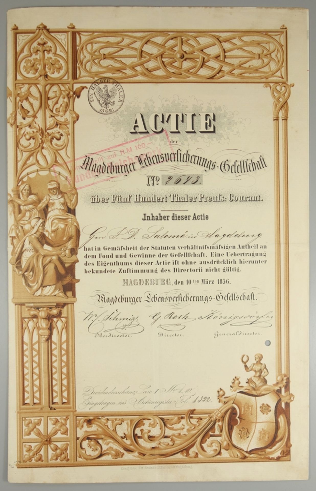 Aktie "Magdeburger Lebensversicherungs-Gesellschaft", 10.März 1856, Gründeraktie über 500 Thaler