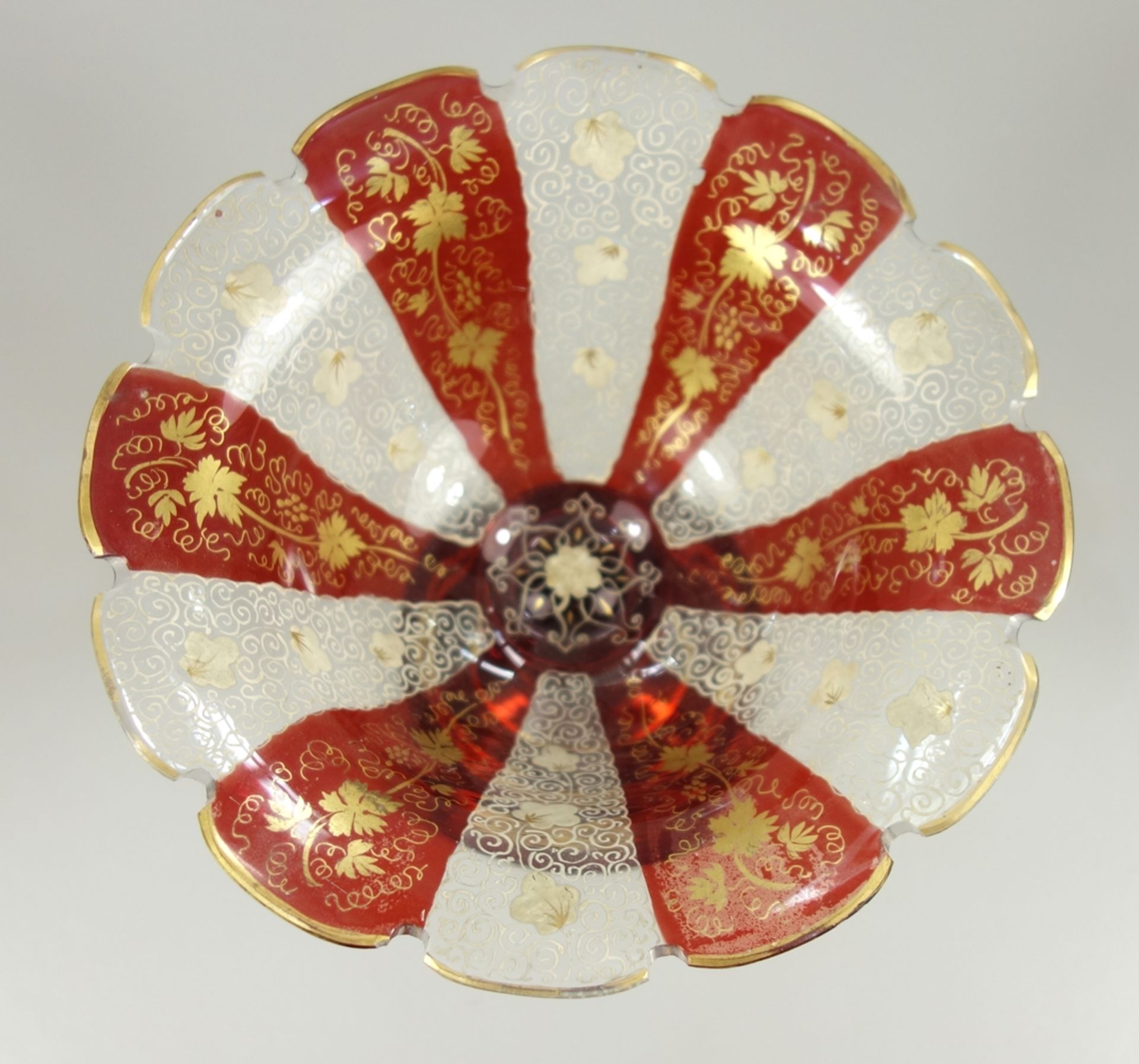 Aufsatzschale mit Rubinätze und Goldmalerei, Biedermeier, H.14,8cm, D.16,4cm, getreppter - Bild 2 aus 2