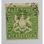 6 Kreuzer Württemberg, Michel 13a, Kat.-Wert 140 €, gestempelt, BPP geprüft6 Kreuzer Württemberg,