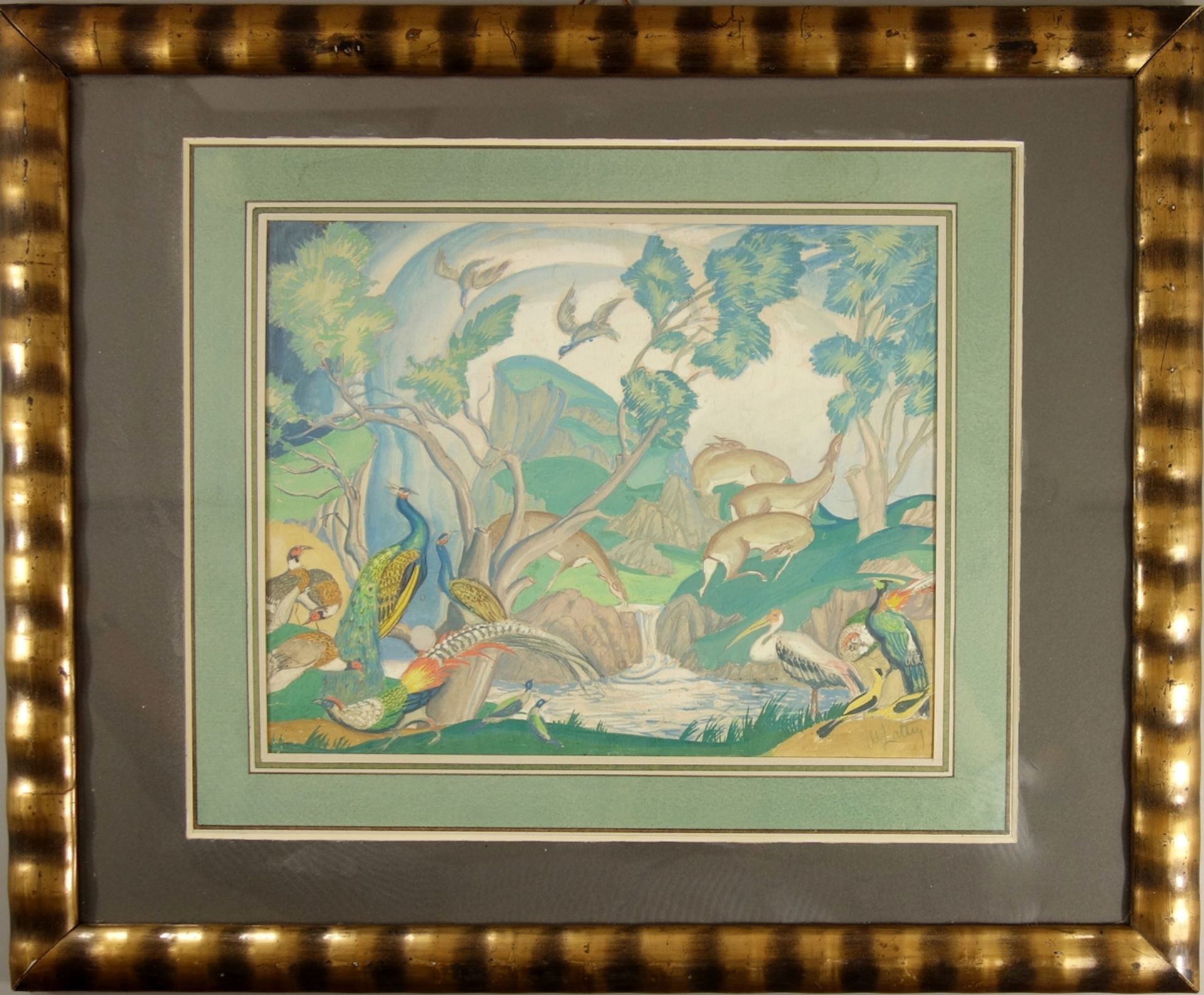 Michel Lattry (1875-1941) "Landschaftsidyll mit Pfauen", o.J., Bleistift/Gouache/Papier; unten - Bild 3 aus 3