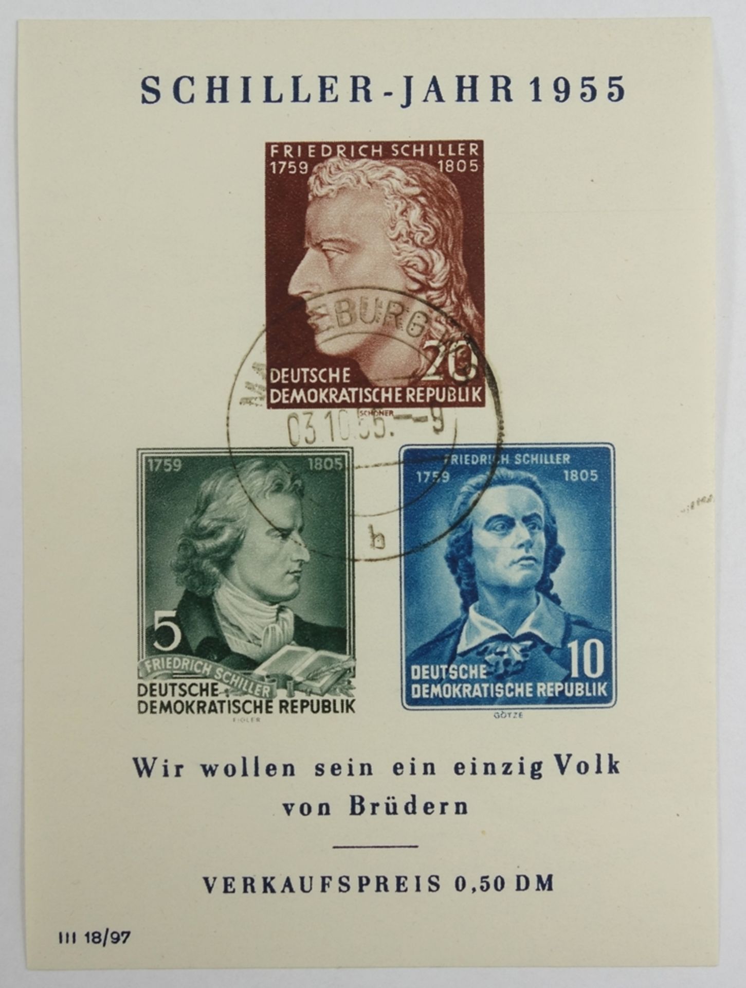 DDR, Schillerblock mit PF, BL 12 IX, Kat.-Wert 450 €, gestempeltGDR, Schillerblock with PF, BL 12