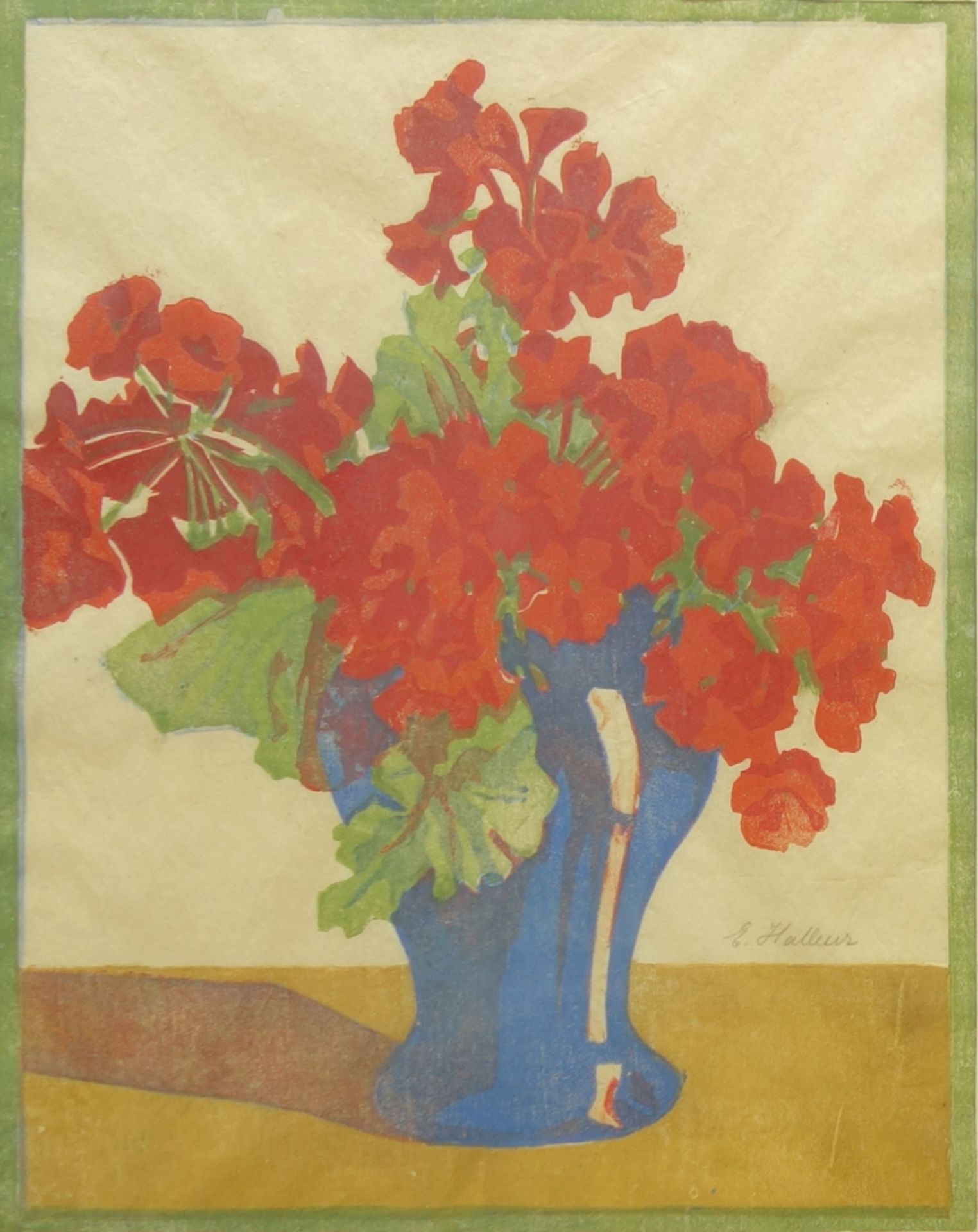 Erna Halleur (ca. 1885-1940), "Rote Geranien", um 1910, Farbholzschnitt/Japanpapier, signiert "E. - Bild 2 aus 2