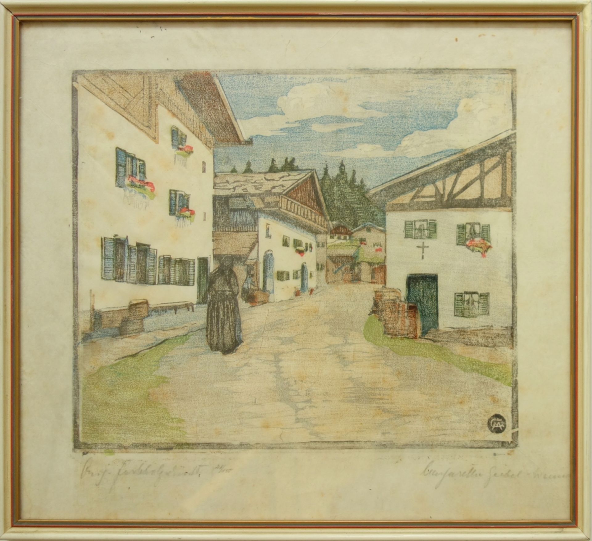 Margarethe Geibel (1876-1956) "Dorfstraße in Mittenwald", um 1910, Farbholzschnitt, im Druckstock