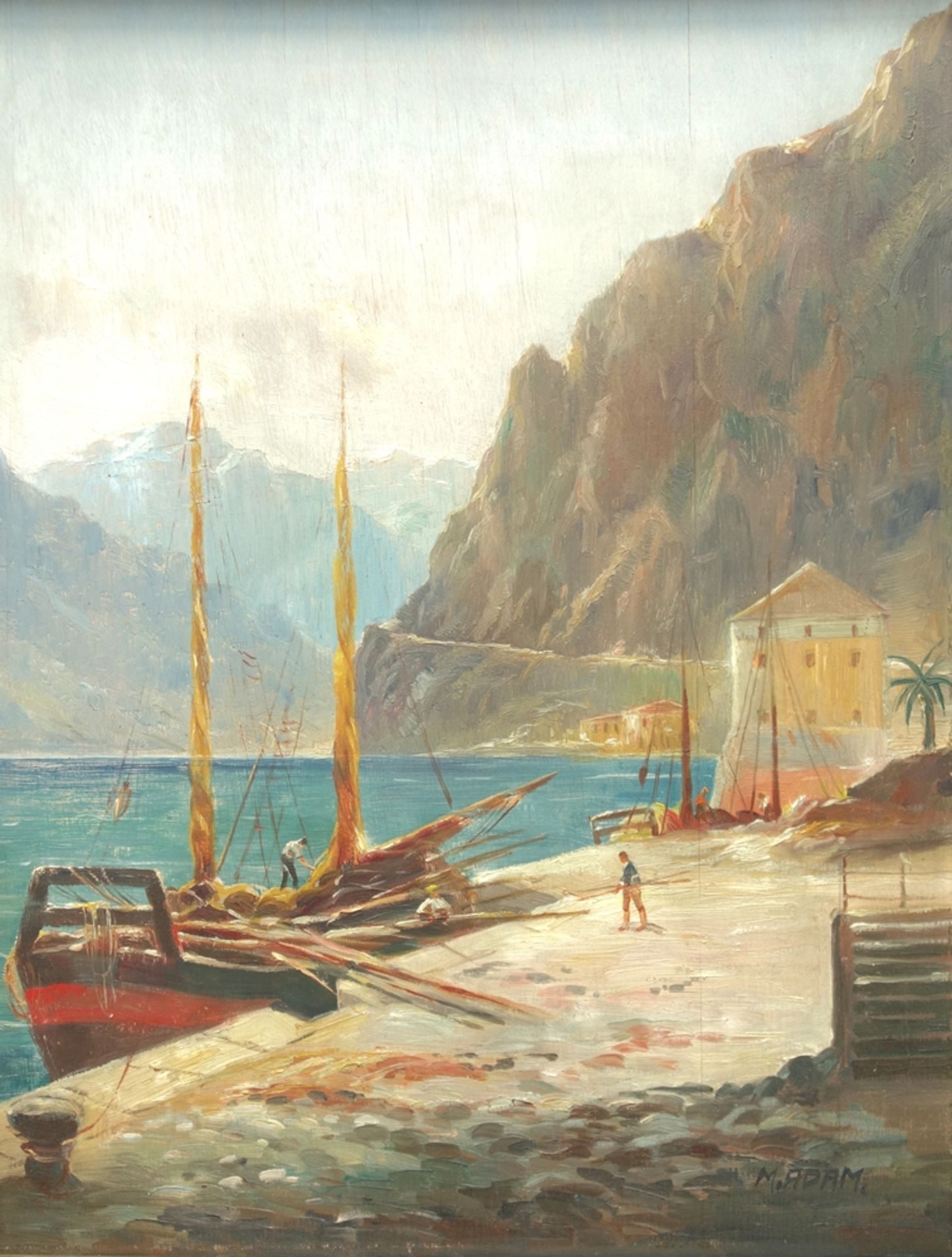 M. Adam, "Fischerboot am Hafen", Öl/Holz, Anfang 20. Jahrhundert; unten rechts signiert, HB 38*30cm, - Bild 2 aus 3