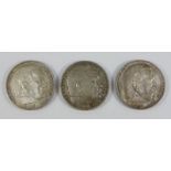 3 * 5 Reichsmark, Hindenburg 1936, 1937 und 1938, 900er Silber, Gesamt-Gew.ca.41,78g, ss3 * 5