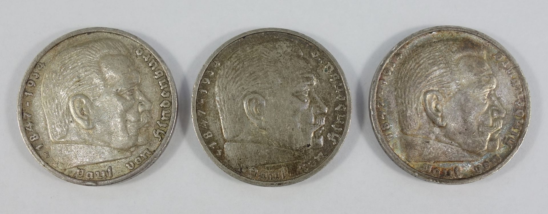 3 * 5 Reichsmark, Hindenburg 1936, 1937 und 1938, 900er Silber, Gesamt-Gew.ca.41,78g, ss3 * 5