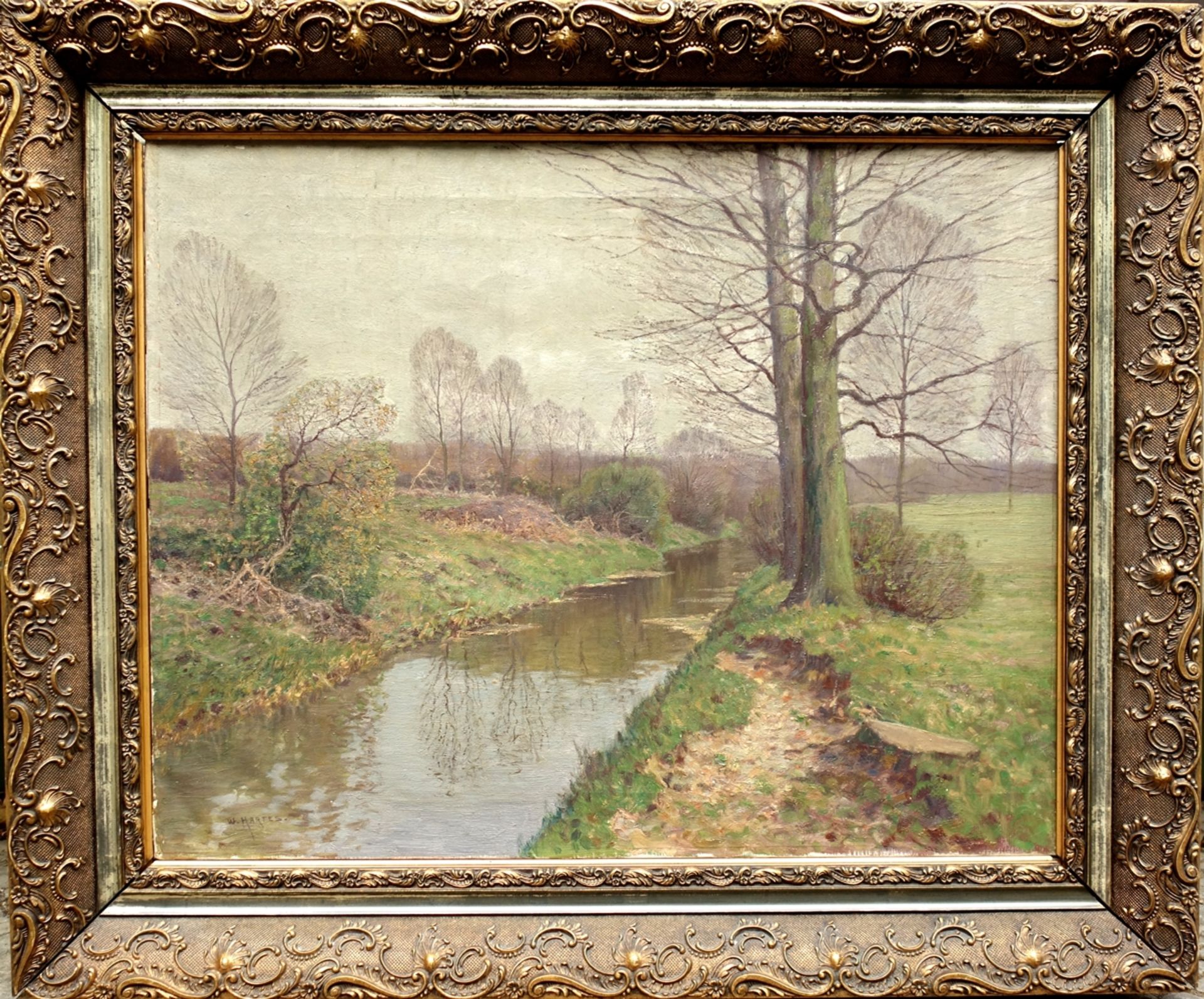 Wilhelm Hartes (1860-1926), "Ruhiger Flusslauf", Öl/Leinwand, unten links signiert "W. Hartes", HB