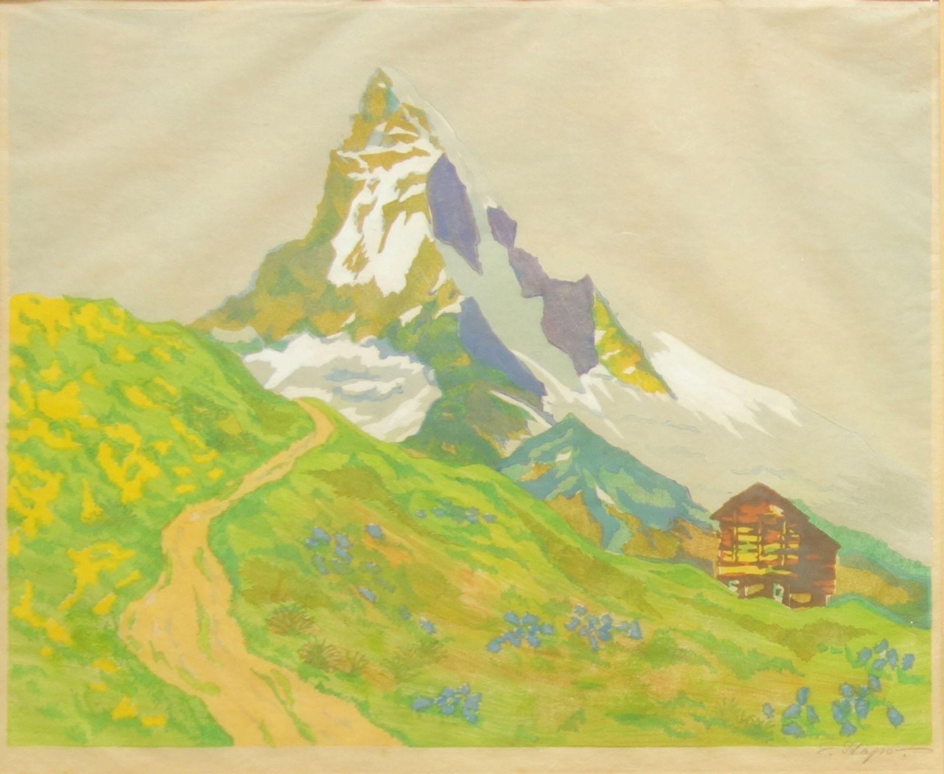 Else Staps (ca. 1900-1989), "Matterhorn", um 1930, Farblinolschnitt/Japanpapier; unten rechts