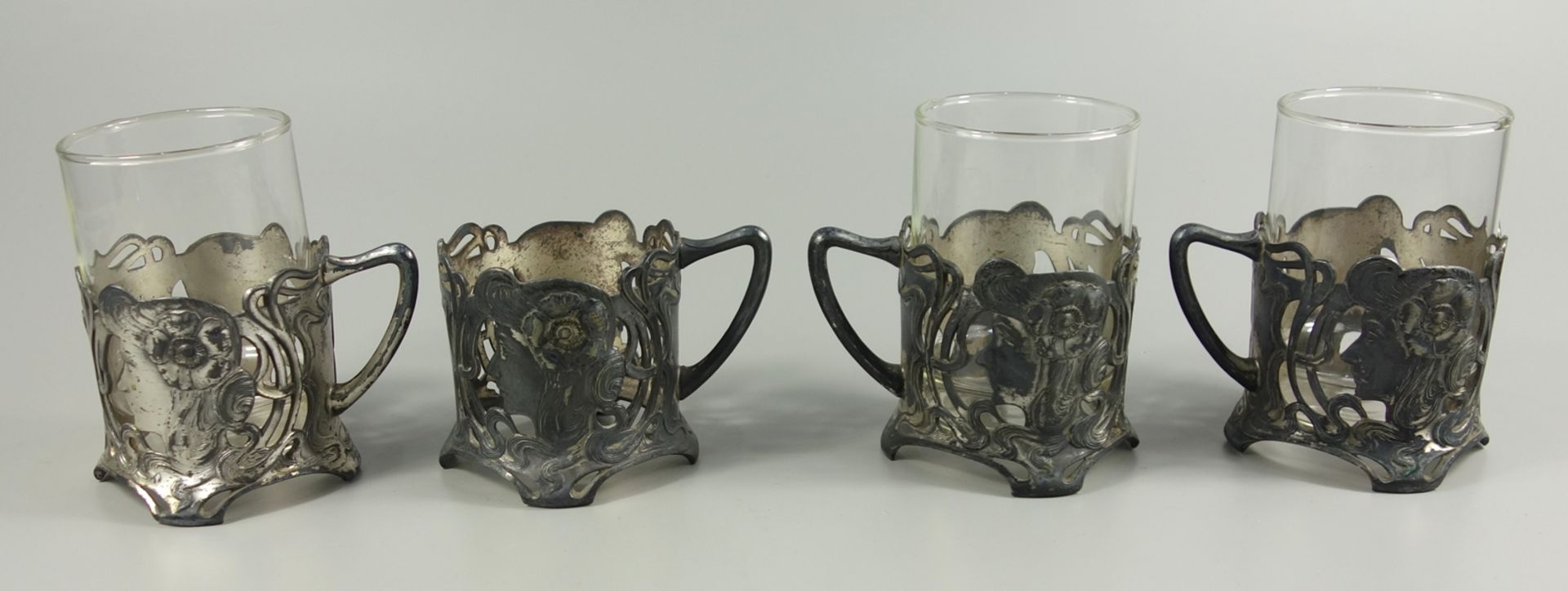 4 Teeglashalter, Jugendstil, um 1900, WMF / Württembergische Metallwarenfabrik Geislingen, - Bild 2 aus 2