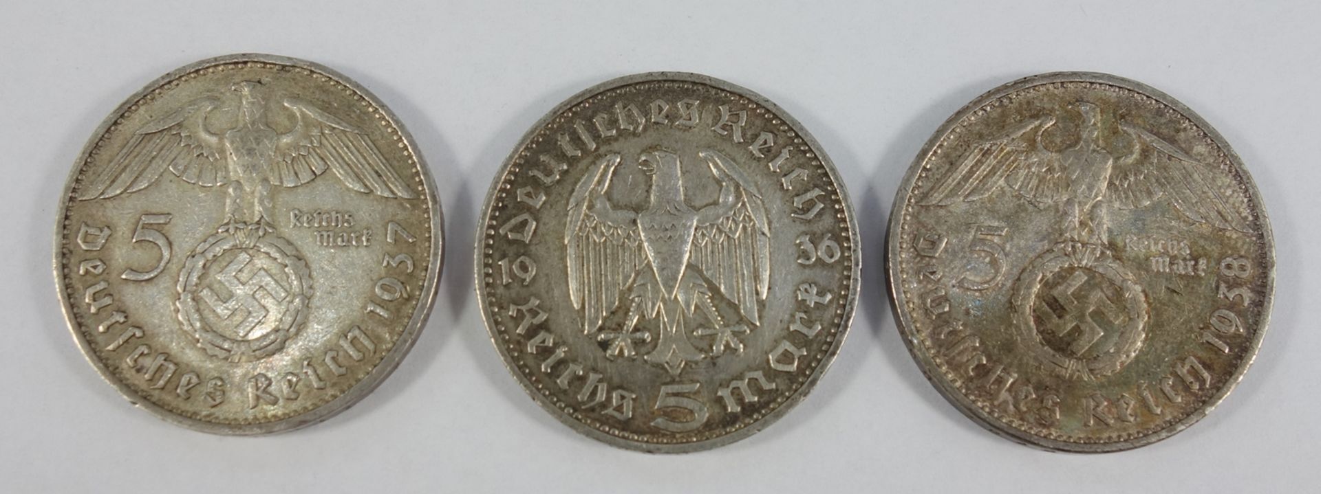 3 * 5 Reichsmark, Hindenburg 1936, 1937 und 1938, 900er Silber, Gesamt-Gew.ca.41,78g, ss3 * 5 - Bild 2 aus 2