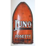 Werbeschild "Juno Josetti" in Form eines Kirchenfensters, Emaille, leicht gewölbt, HB ca.78*38cm,