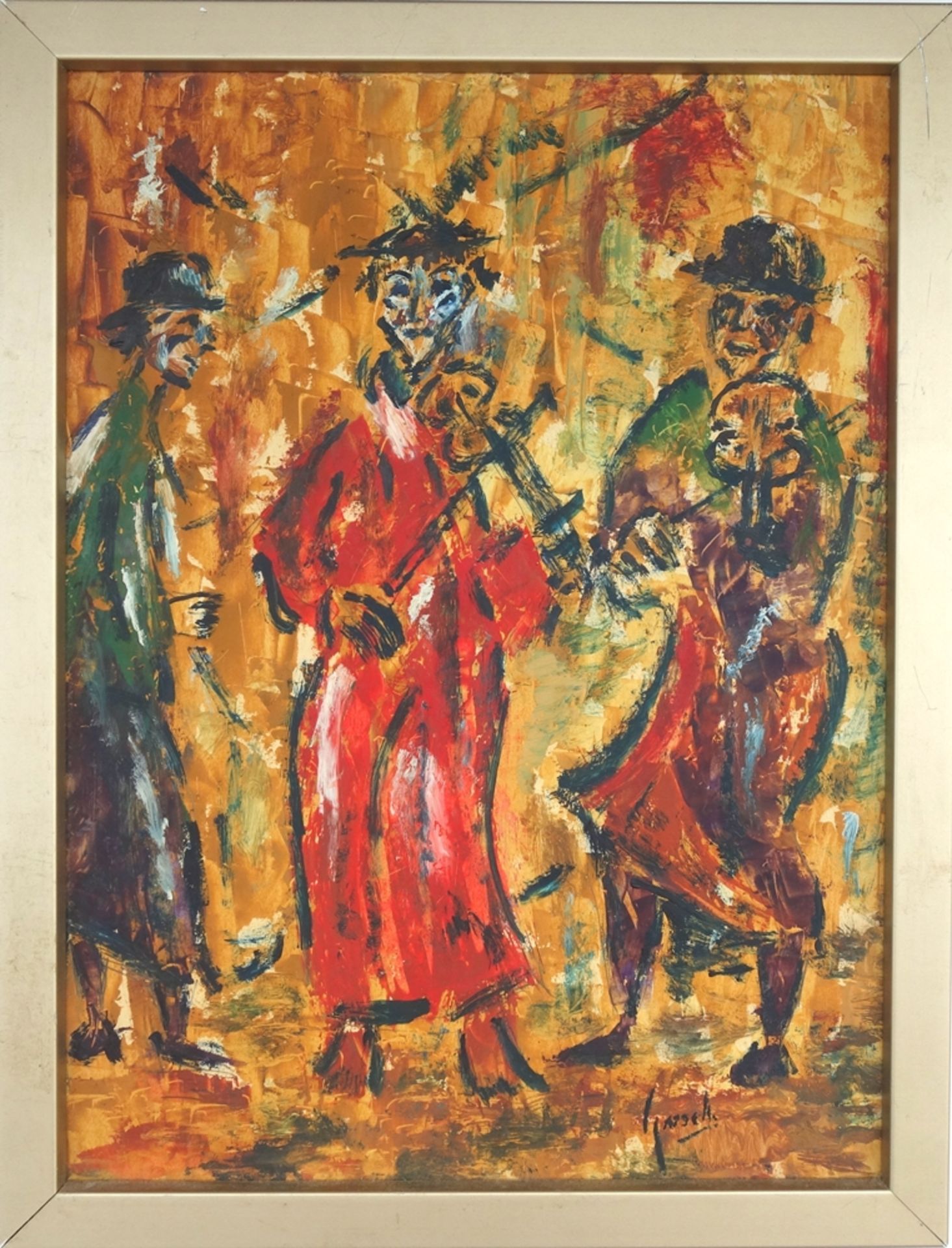 undeutlich signiert, "Musizierende Clowns", 2. Hälfte 20. Jahrhundert, Acryl/Malkarton, unten rechts