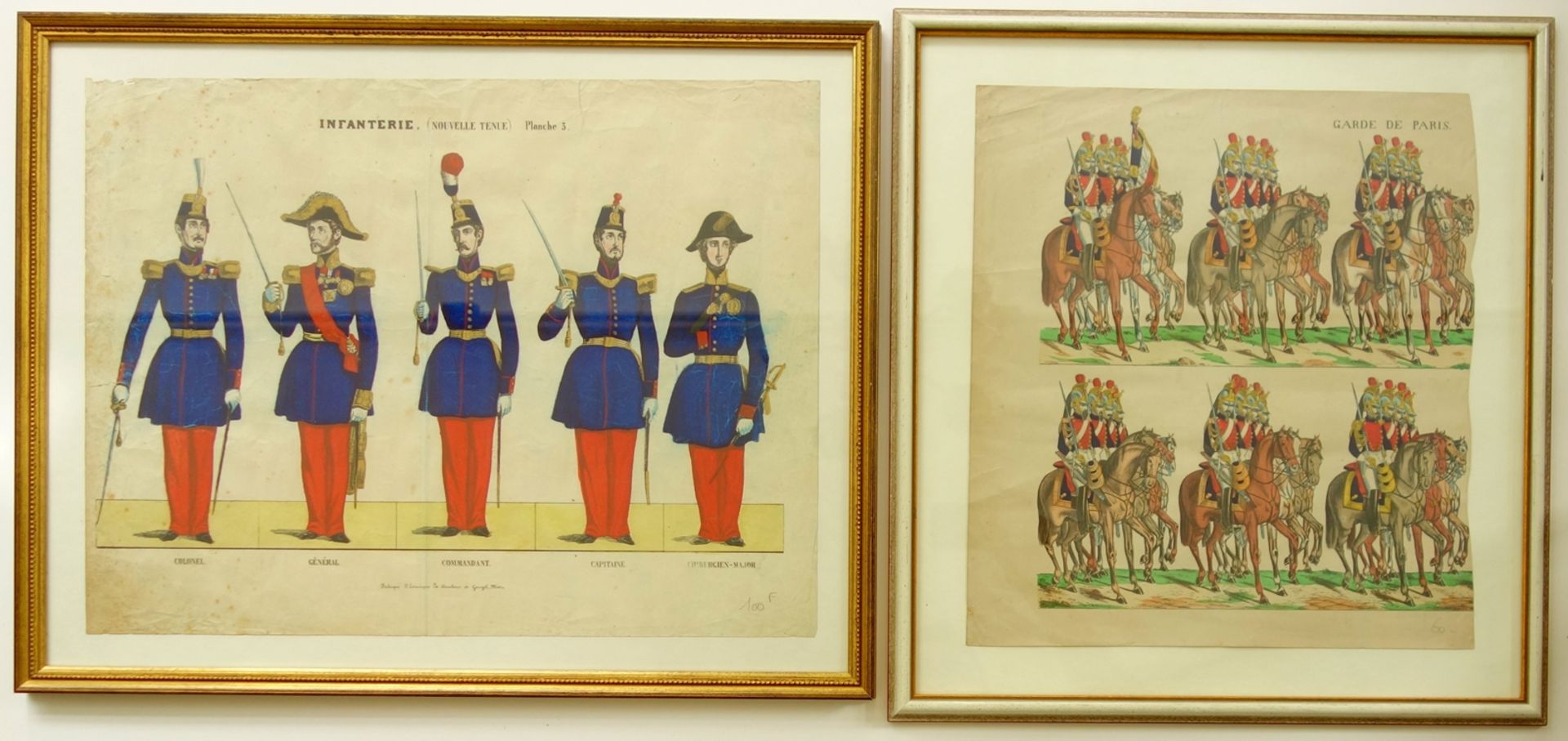 2 kolorierte Lithografien, "Uniformdarstellungen, französische Armee", 19. Jahrhundert, 1* Garde