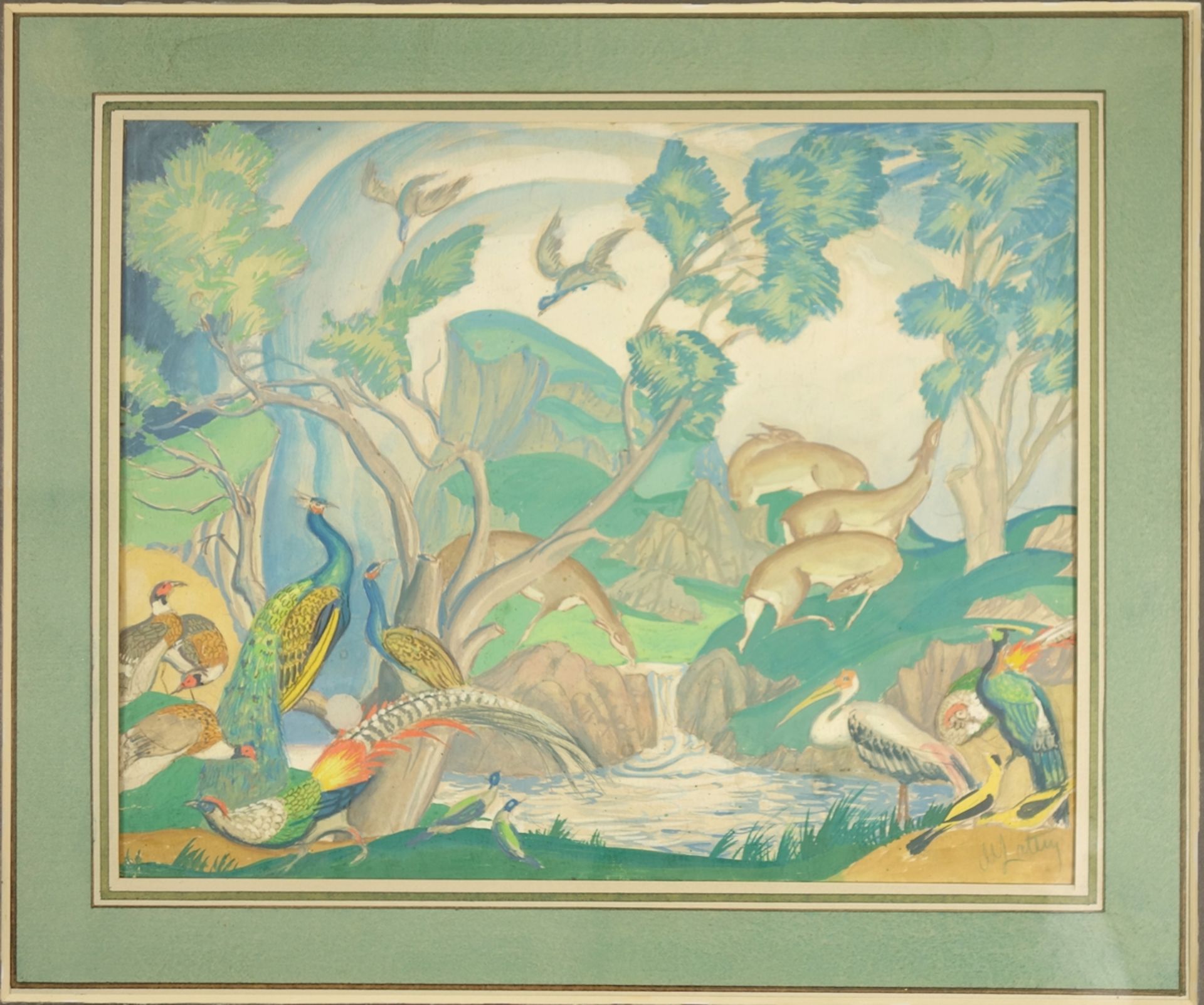 Michel Lattry (1875-1941) "Landschaftsidyll mit Pfauen", o.J., Bleistift/Gouache/Papier; unten