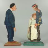2 Charakterfiguren / Laubsägearbeiten, Anfang 20.Jh., einseitig handbemalt, preußischer Soldat mit