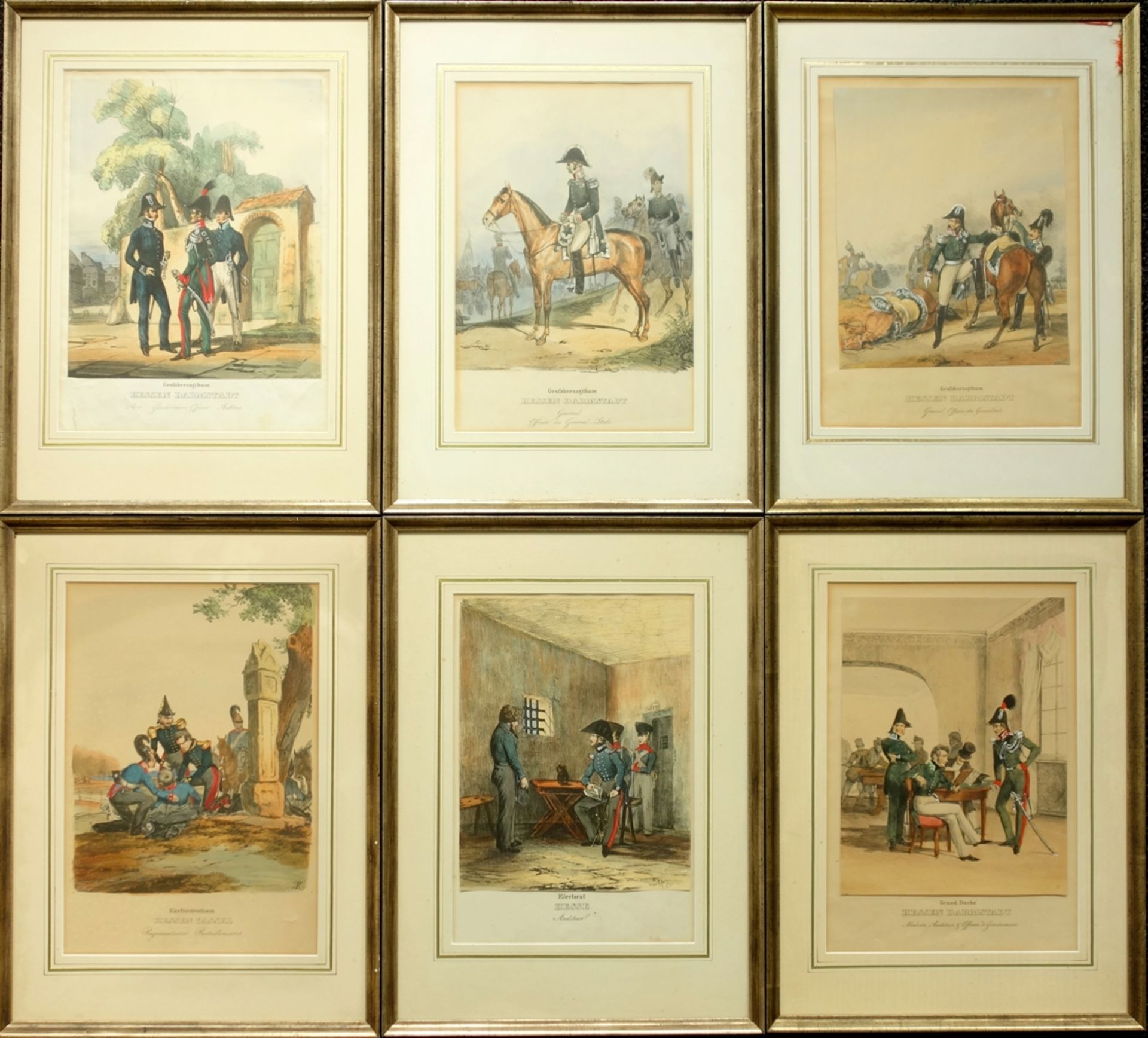 9 kolorierte Lithografien aus "Das deutsche Bundesheer in charakteristischen Gruppen": 1* Hessen, 4*