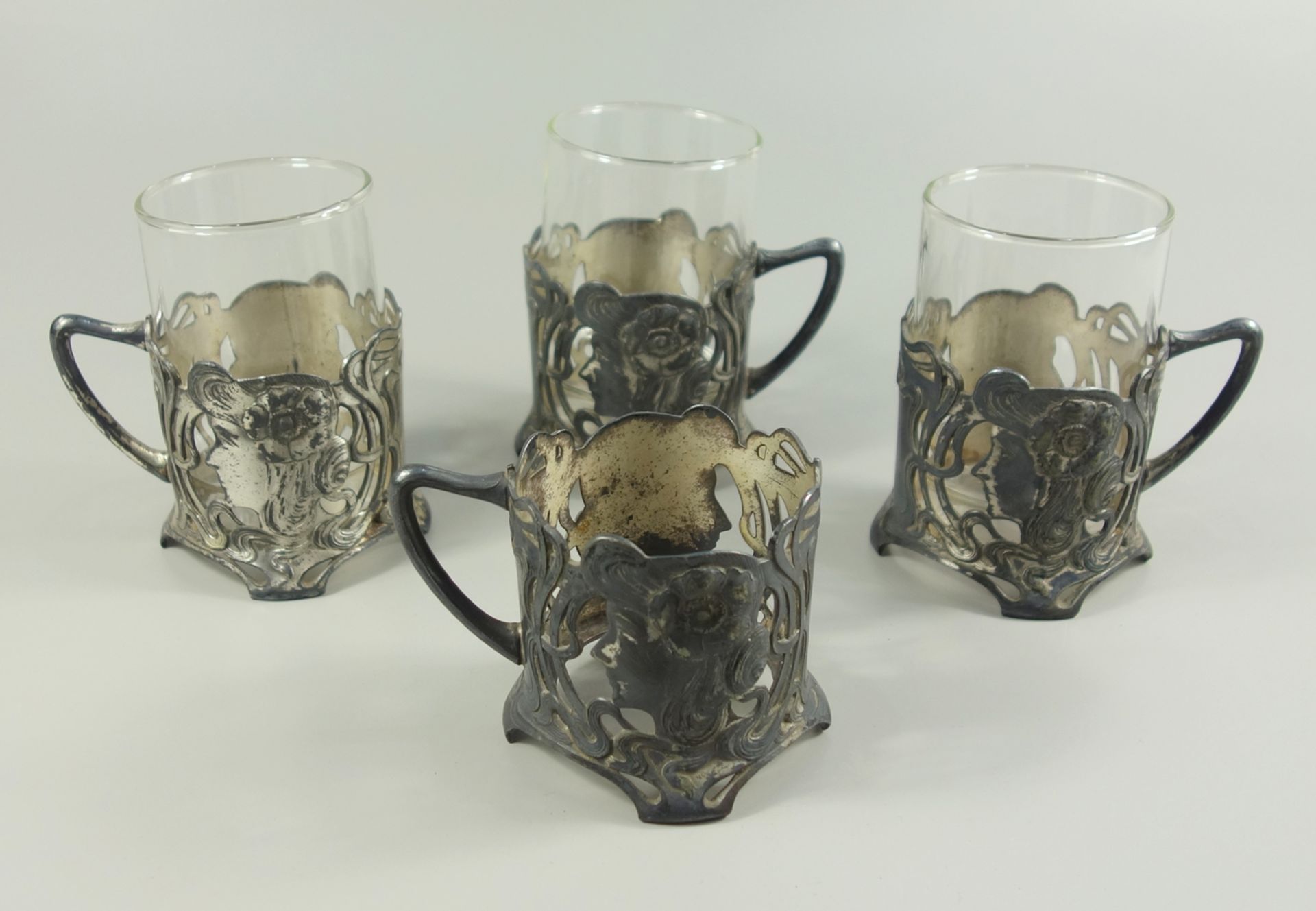 4 Teeglashalter, Jugendstil, um 1900, WMF / Württembergische Metallwarenfabrik Geislingen,