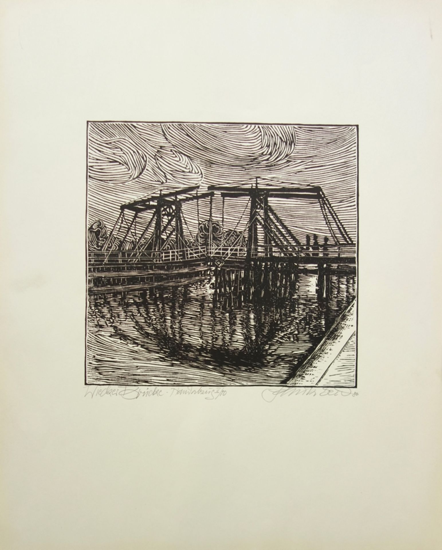 undeutlich signiert, "Greifswald, Wiecker Brücke", 1983, Linolschnitt, unten links signiert und