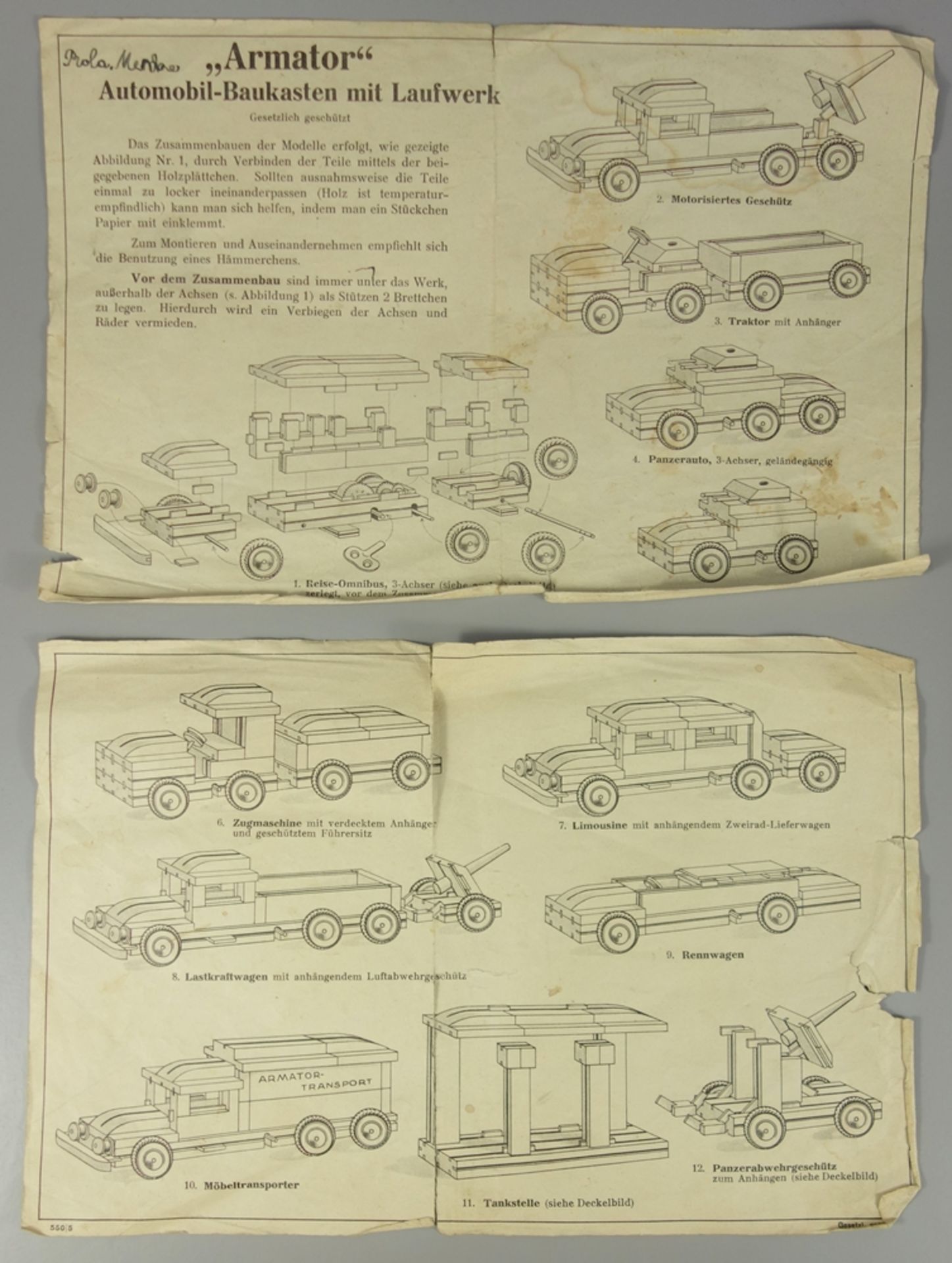 Armator Automobil-Baukasten mit Laufwerk, um 1940, Carl Fritzsche, Blumenau i.Sachsen, Holz- - Bild 3 aus 3