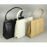 3 Handtaschen, Reptilleder, 1930/ 1950er Jahre, Schlangenleder, hell und beige; Straußenleder,