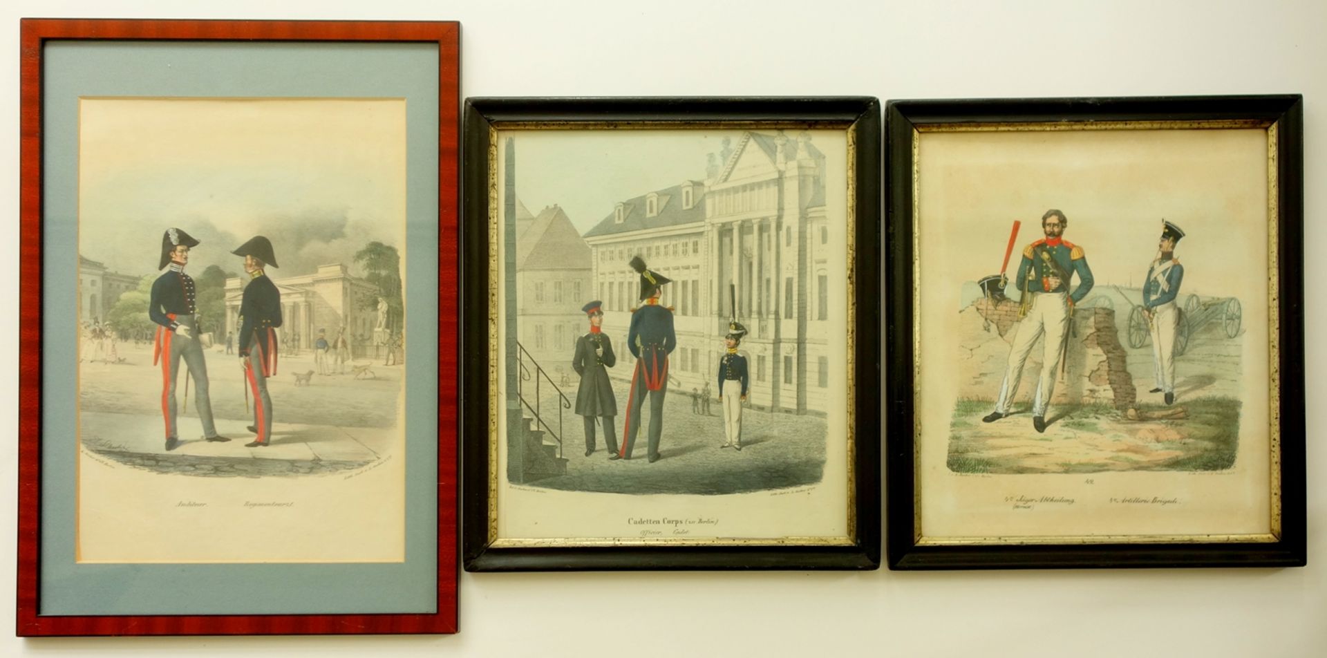 3 kolorierte Lithografien aus "Das Preußische Heer", 1830, 1* Cadetten Corps, 1* Jäger-Abtheilung/