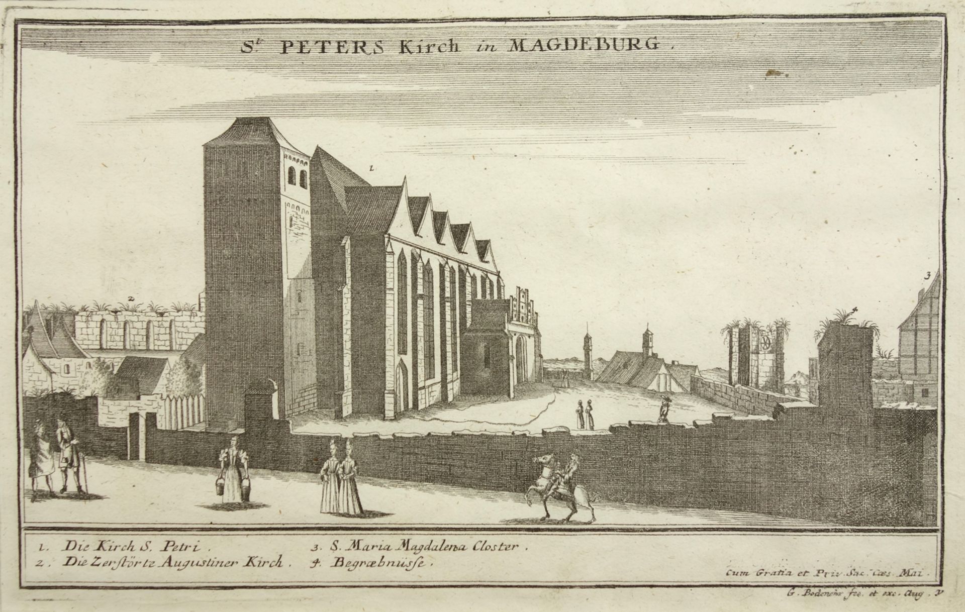 Gabriel Bodenehr d.Ä. (1673-1765), "Sankt-Petri-Kirche in Magdeburg", um 1710, Kupferstich, oben