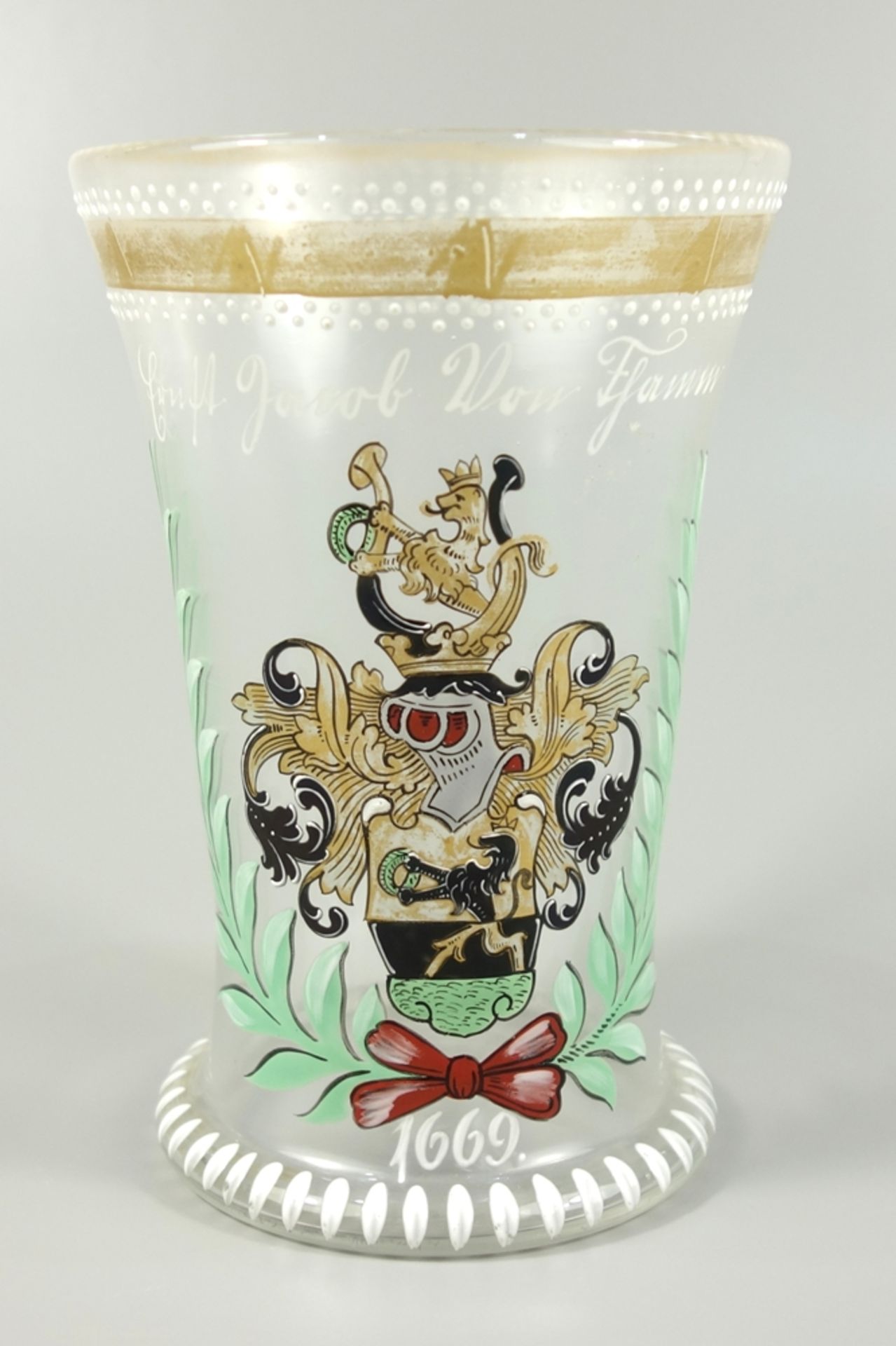 großes Abrissglas mit Wappen, Fritz Heckert, Ende 19.Jh., H.15cm, auskragender Stand mit