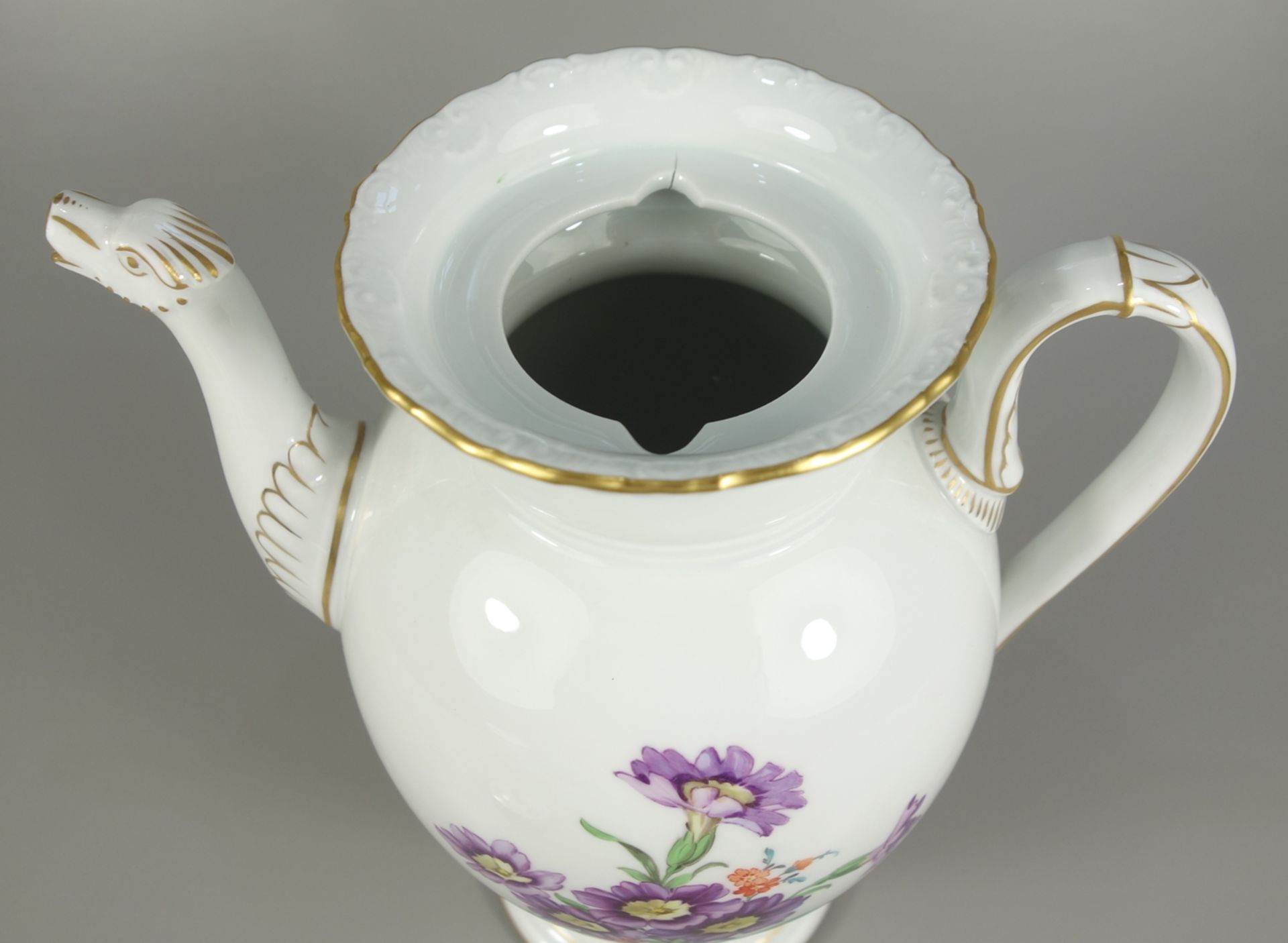 Kaffeekanne mit Tierkopfausguss, Bunte Blume, Meissen, Pfeifferzeit, 1924-34, I.Wahl, H.24cm, - Bild 3 aus 3