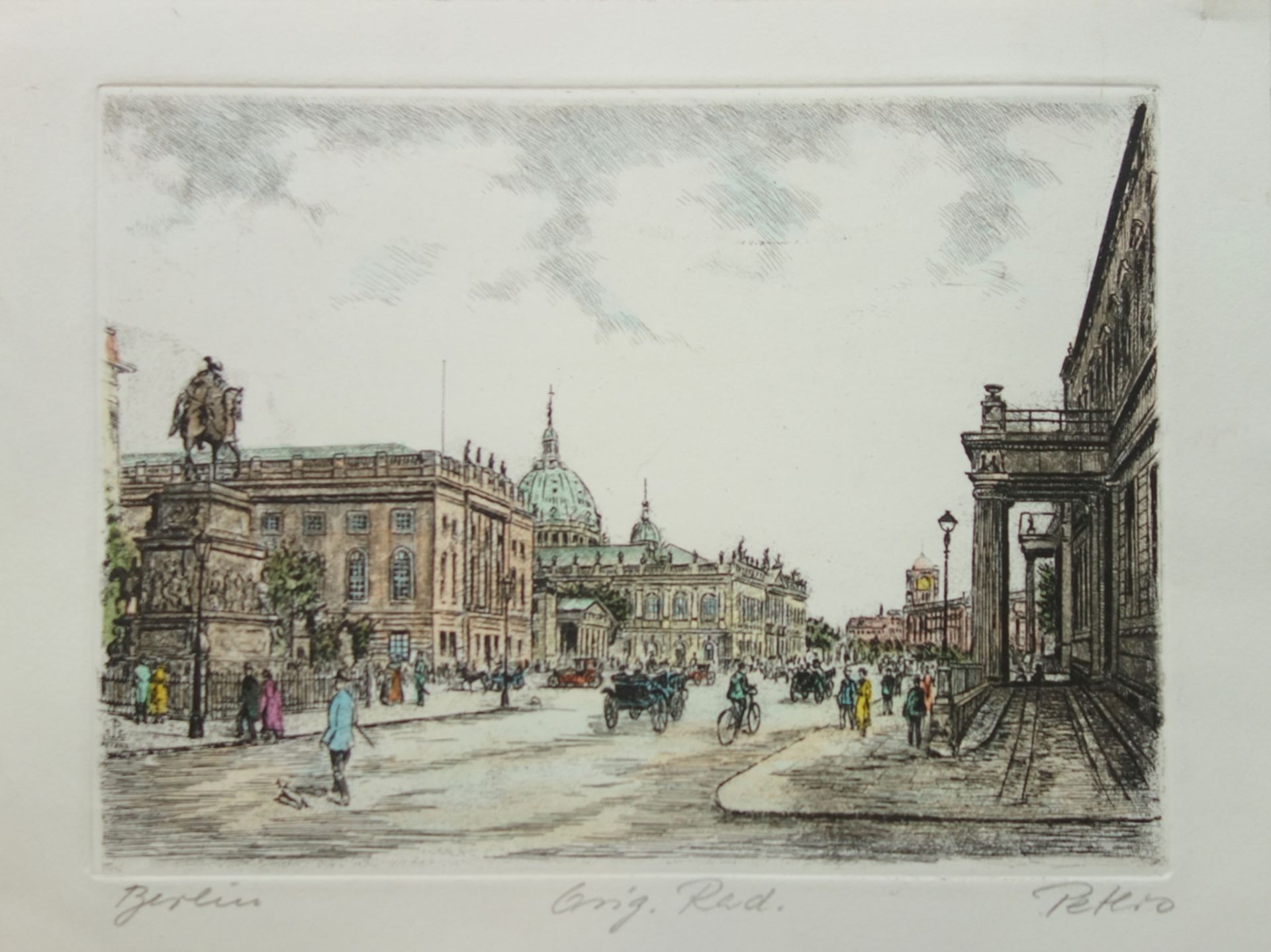 W. Peters, "Berlin, Unter den Linden", 1950er Jahre, Radierung, koloriert, unten rechts signiert "