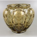 Vase mit Golddekor, Gründerzeit, H.20,5cm, D.ca.22cm, bernsteinfarbenes Glas, Goldstreifen und