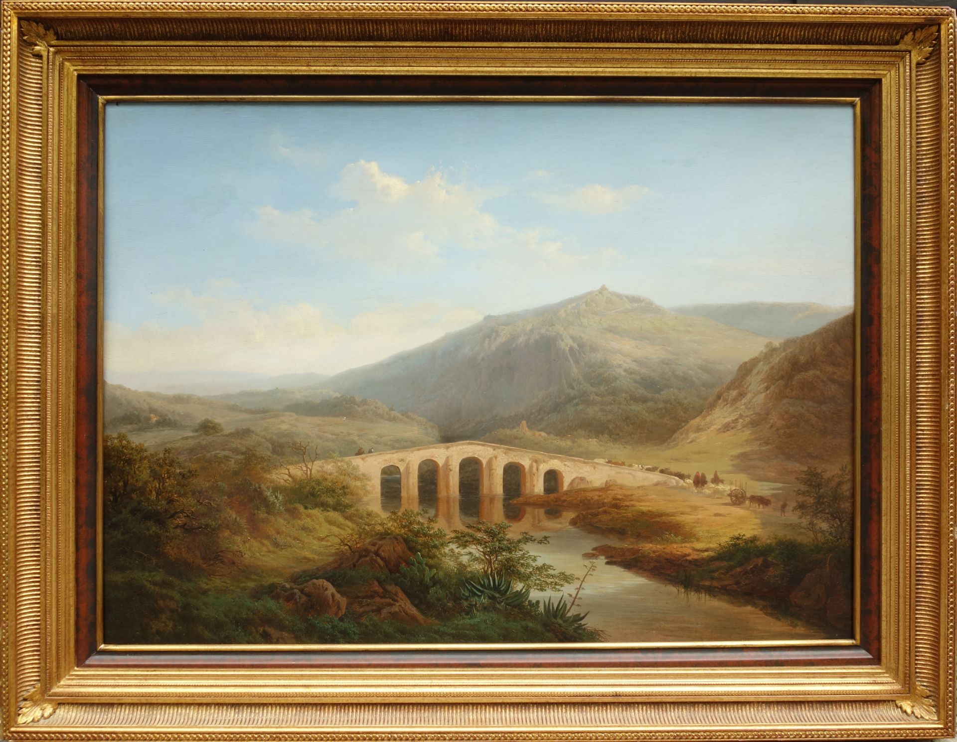 Edouard de Vigne (1808-1866, belgischer Romantiker) "Italienische Landschaft mit Hirten", Öl/Platte,