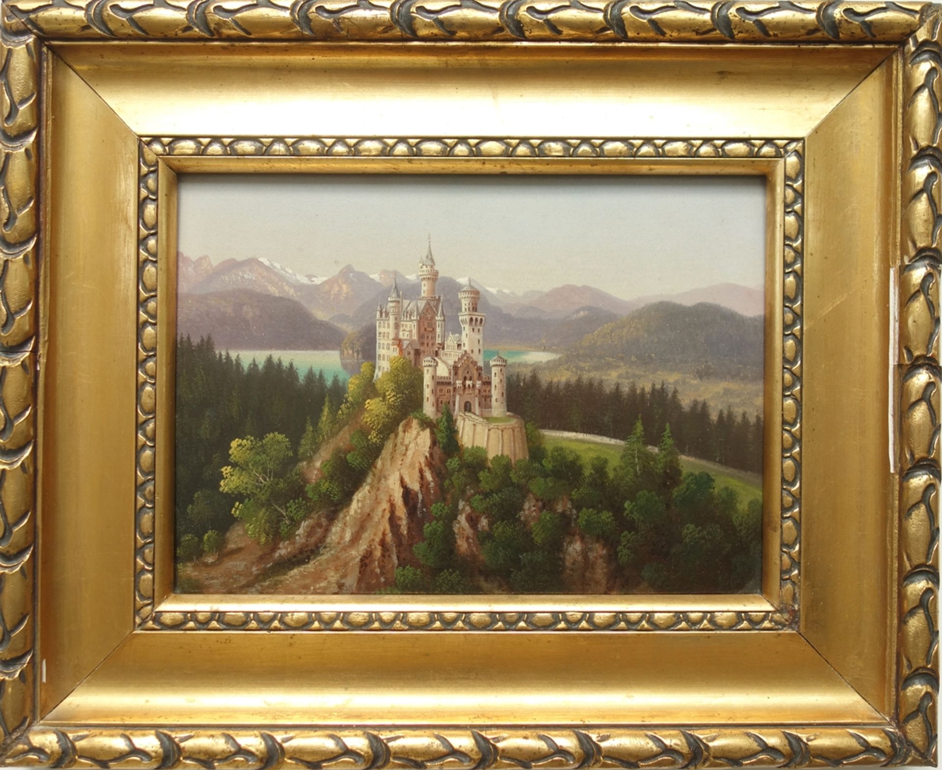 unsigniert, "Schloss Neuschwanstein", Öl/Holz, 1. Hälfte 20. Jahrhundert, HB 18*24,5cm, in