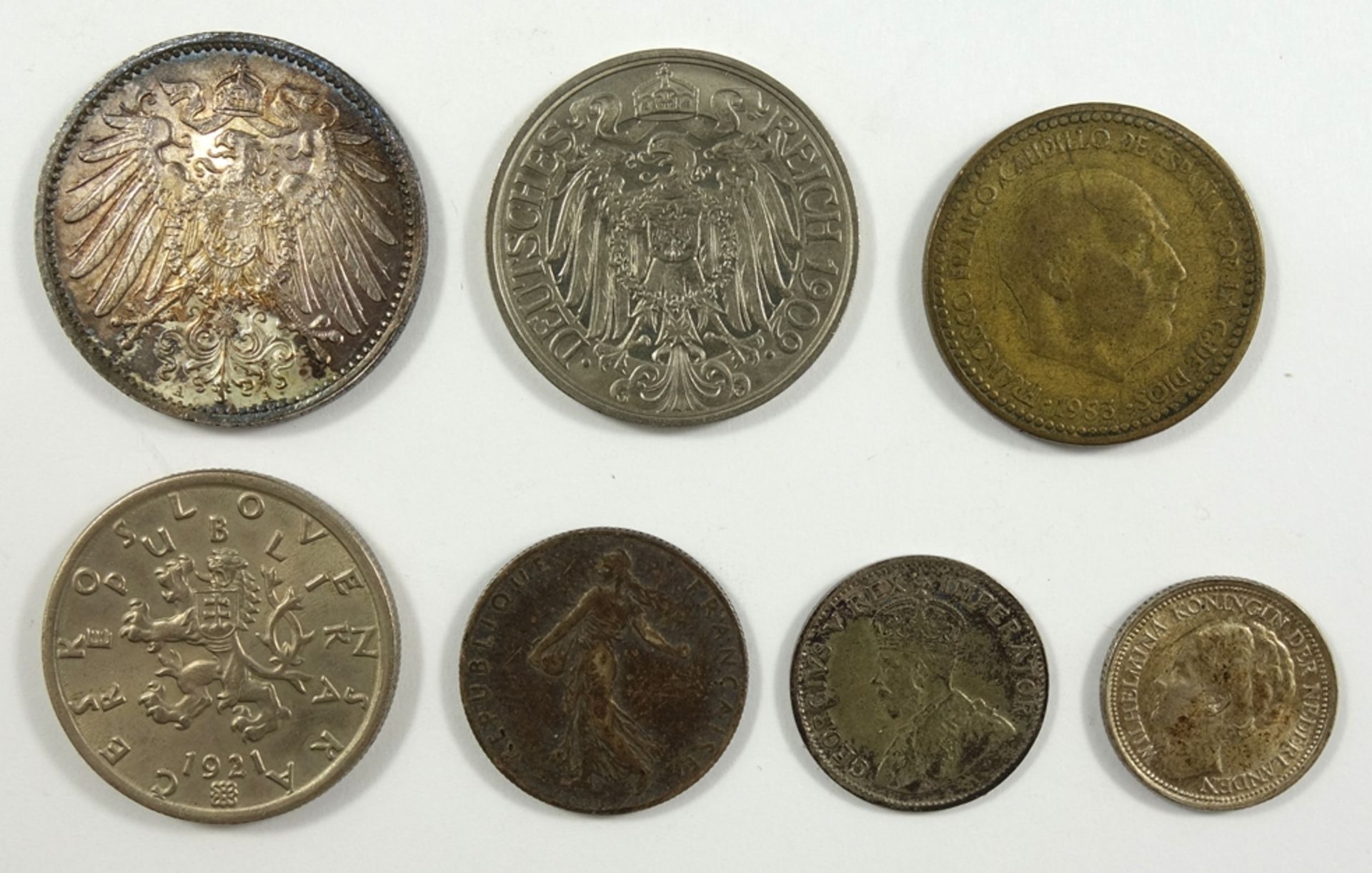 7 Kleinmünzen, Alle Welt, 1. Hälfte 20.Jh., u.a. Kaiserreich, Spanien, Niederlande, Frankreich7
