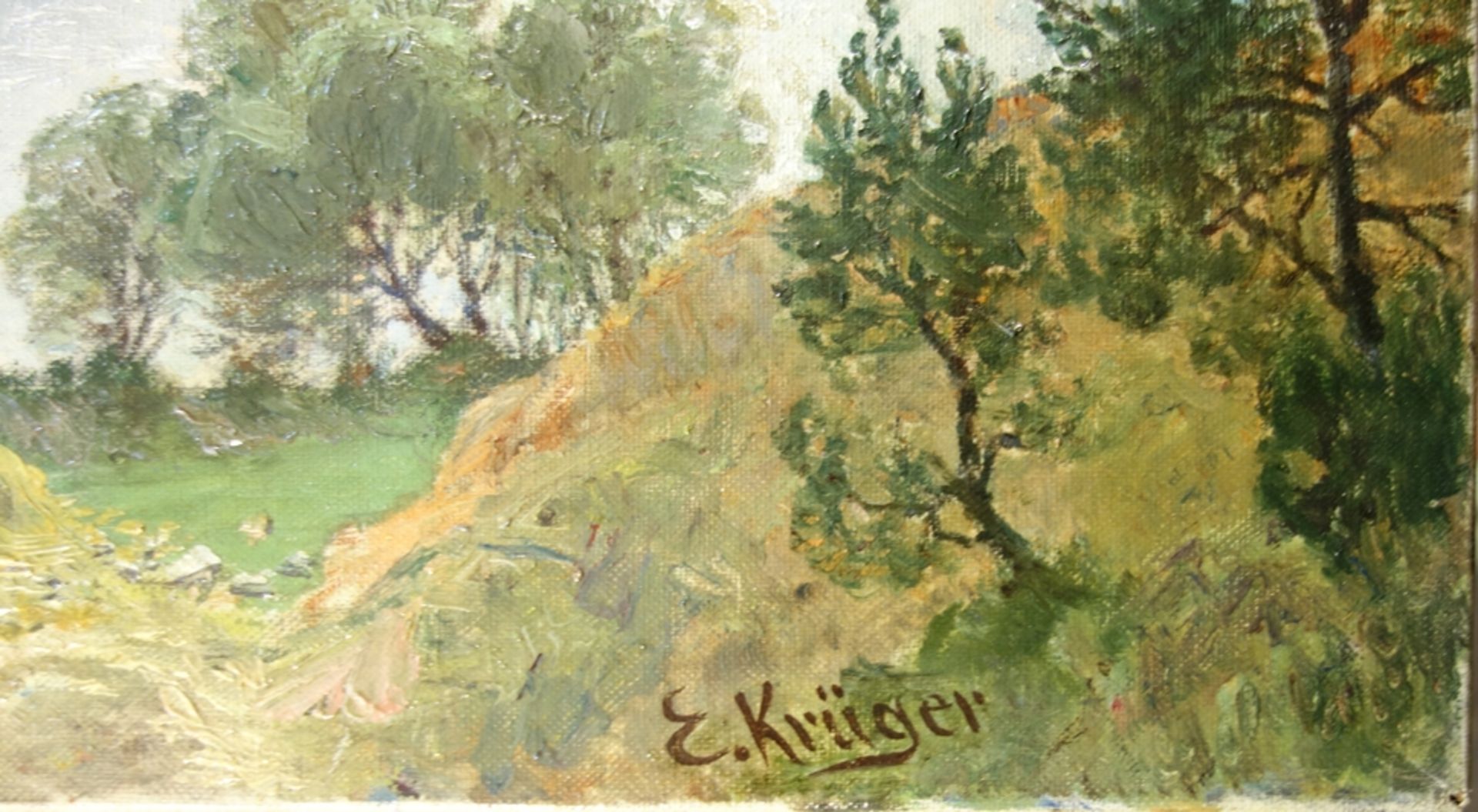 Erna Krüger (1883, Wittenberg-1973) "Märkische Uferlandschaft bei Sonnenaufgang", Öl/Leinwand, HB - Bild 2 aus 3