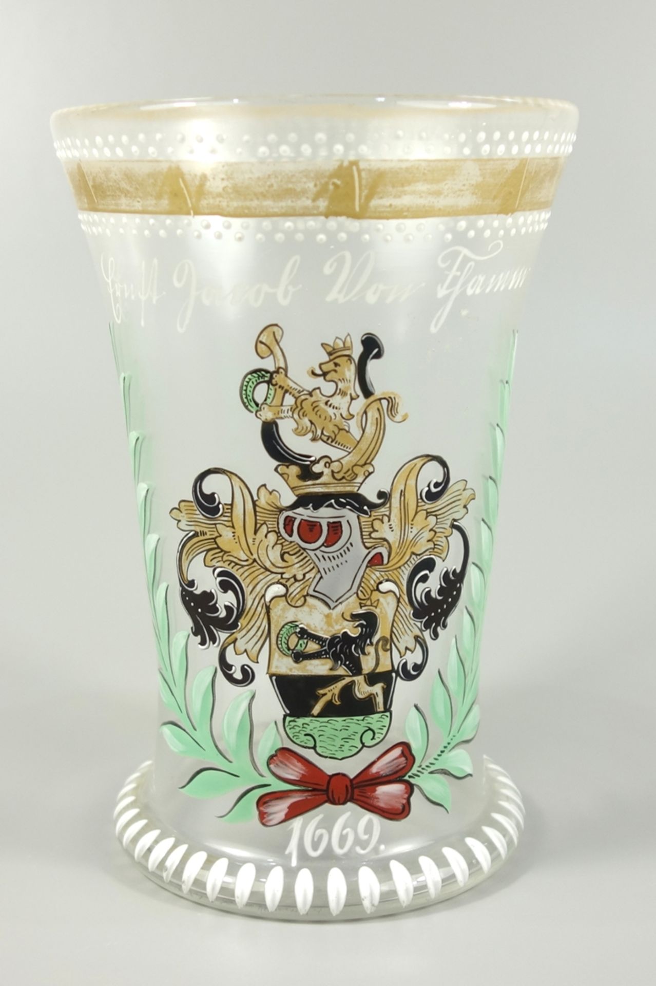 großes Abrissglas mit Wappen, Fritz Heckert, Ende 19.Jh., H.15cm, auskragender Stand mit