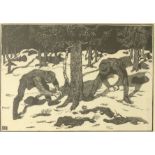 Aage Roose (1880, Kolding/DK-1970), "Waldarbeiter", um 1910, Holzschnitt/Japanpapier, unten links im