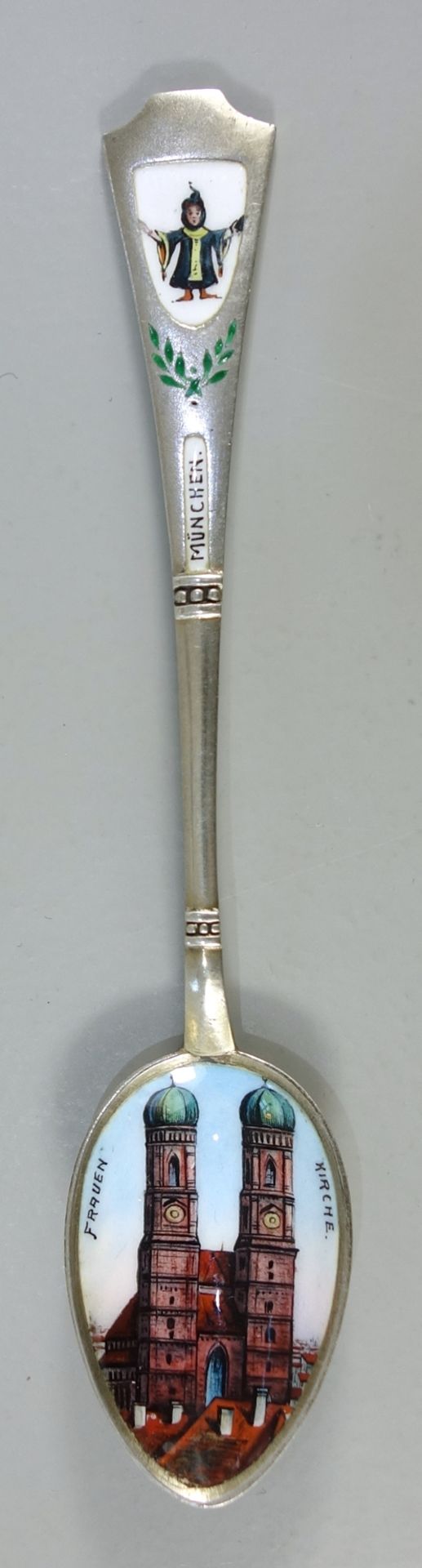 Souvenirlöffel "München", Anf. 20. Jh., 800er Silber, Laffe mit Miniaturmalerei der Frauenkirche,