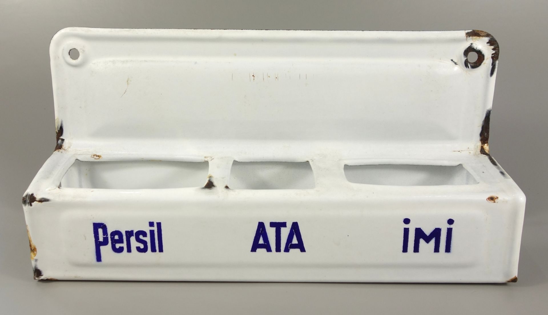 Emaille-Wandregal für Reinigungsmittel "Persil - ATA - iMi", um 1920/30, H*B*T 16*32,5*8cm, weiß