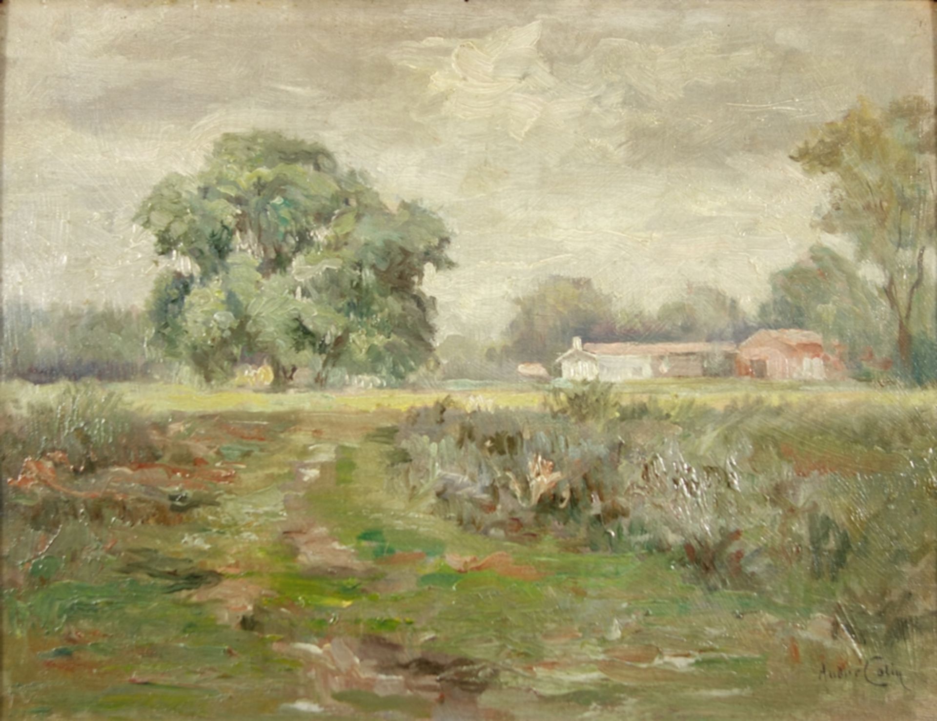 André Colin "Bewölkte Landschaft", Impressionismus, Ende 19./Anfang 20. Jahrhundert, Öl/Platte,