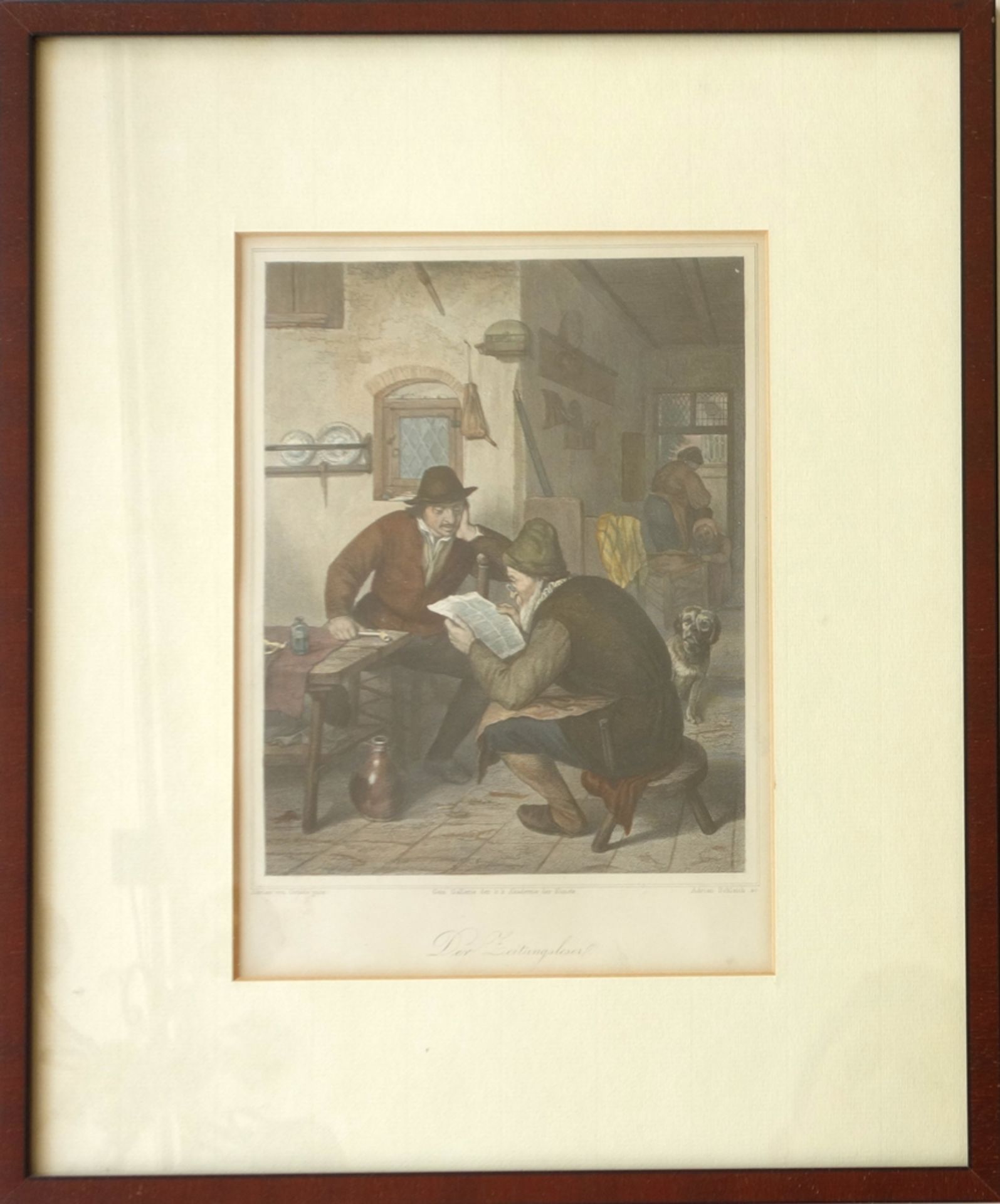 Adrian Schleich, "Der Zeitungsleser" nach Adrian von Ostade, um 1860, kolorierter Stahlstich,